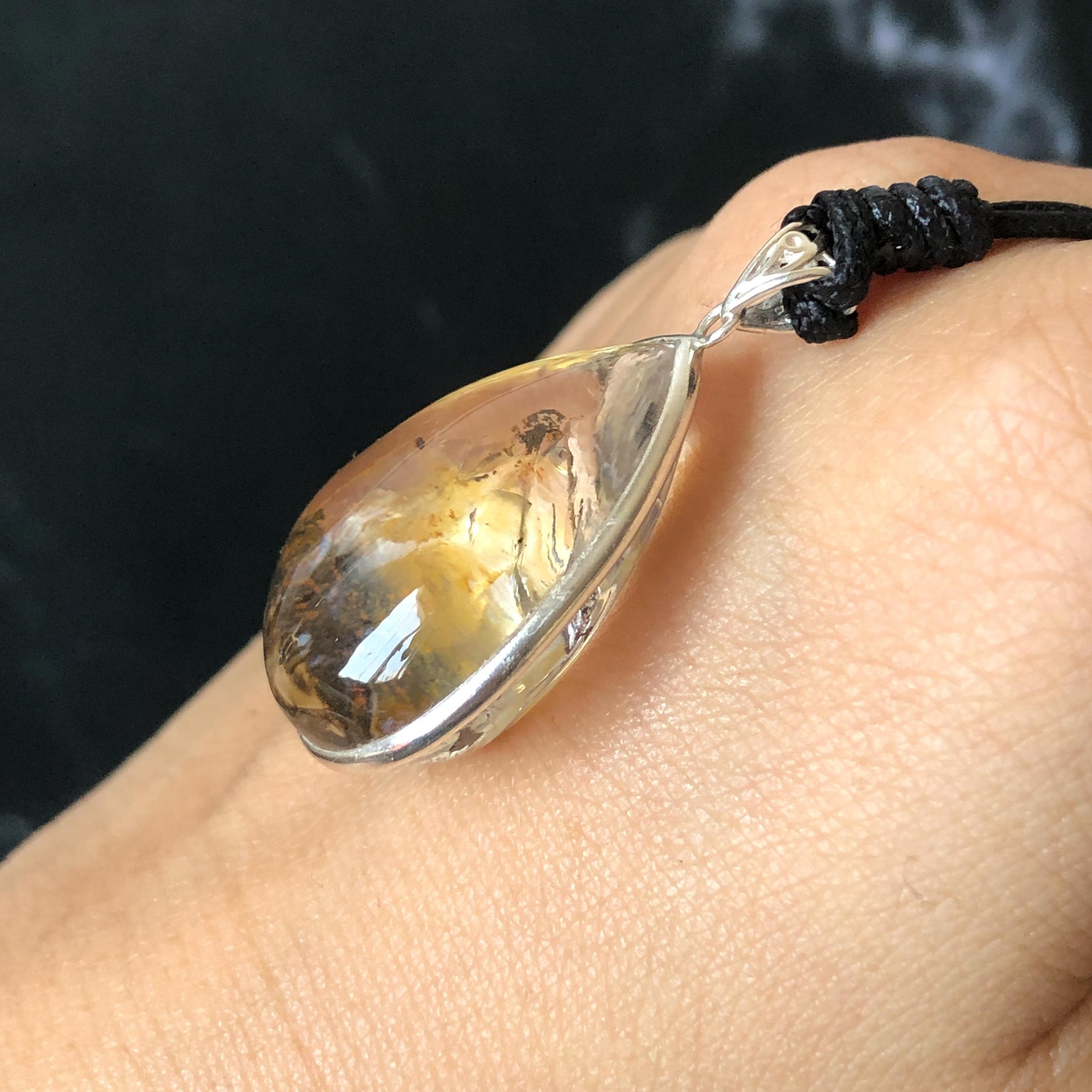 Ultra Rare! Polished Enhydro Quartz Wrapped Wire Pendant Adjustable Necklace: Moving Black & Yellow Sand with Big Bubble Inclusion Crystal | Natural Gemstone Birthstone Gift for her enhydro quartz sand water-fall pendant necklace choker gemstone charm stone pendant choker polished stone pendant crystal charm birthstone men necklace chakra crystal minerals specimen silver wire wrapped pendant inclusion crystal inclusion crystal  yellow sand inclusion