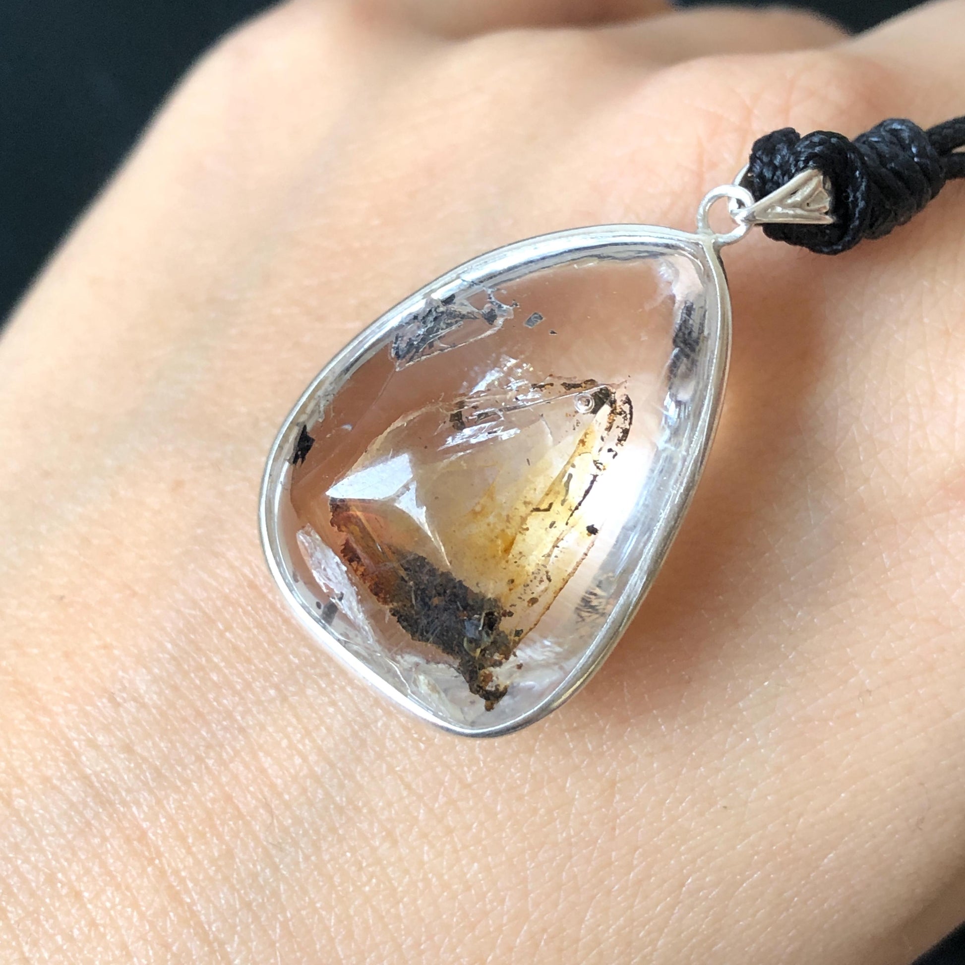 Ultra Rare! Polished Enhydro Quartz Wrapped Wire Pendant Adjustable Necklace: Moving Black & Yellow Sand with Big Bubble Inclusion Crystal | Natural Gemstone Birthstone Gift for her enhydro quartz sand water-fall pendant necklace choker gemstone charm stone pendant choker polished stone pendant crystal charm birthstone men necklace chakra crystal minerals specimen silver wire wrapped pendant inclusion crystal inclusion crystal  yellow sand inclusion