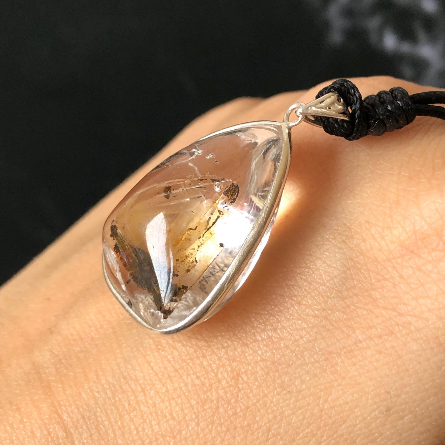 Ultra Rare! Polished Enhydro Quartz Wrapped Wire Pendant Adjustable Necklace: Moving Black & Yellow Sand with Big Bubble Inclusion Crystal | Natural Gemstone Birthstone Gift for her enhydro quartz sand water-fall pendant necklace choker gemstone charm stone pendant choker polished stone pendant crystal charm birthstone men necklace chakra crystal minerals specimen silver wire wrapped pendant inclusion crystal inclusion crystal  yellow sand inclusion