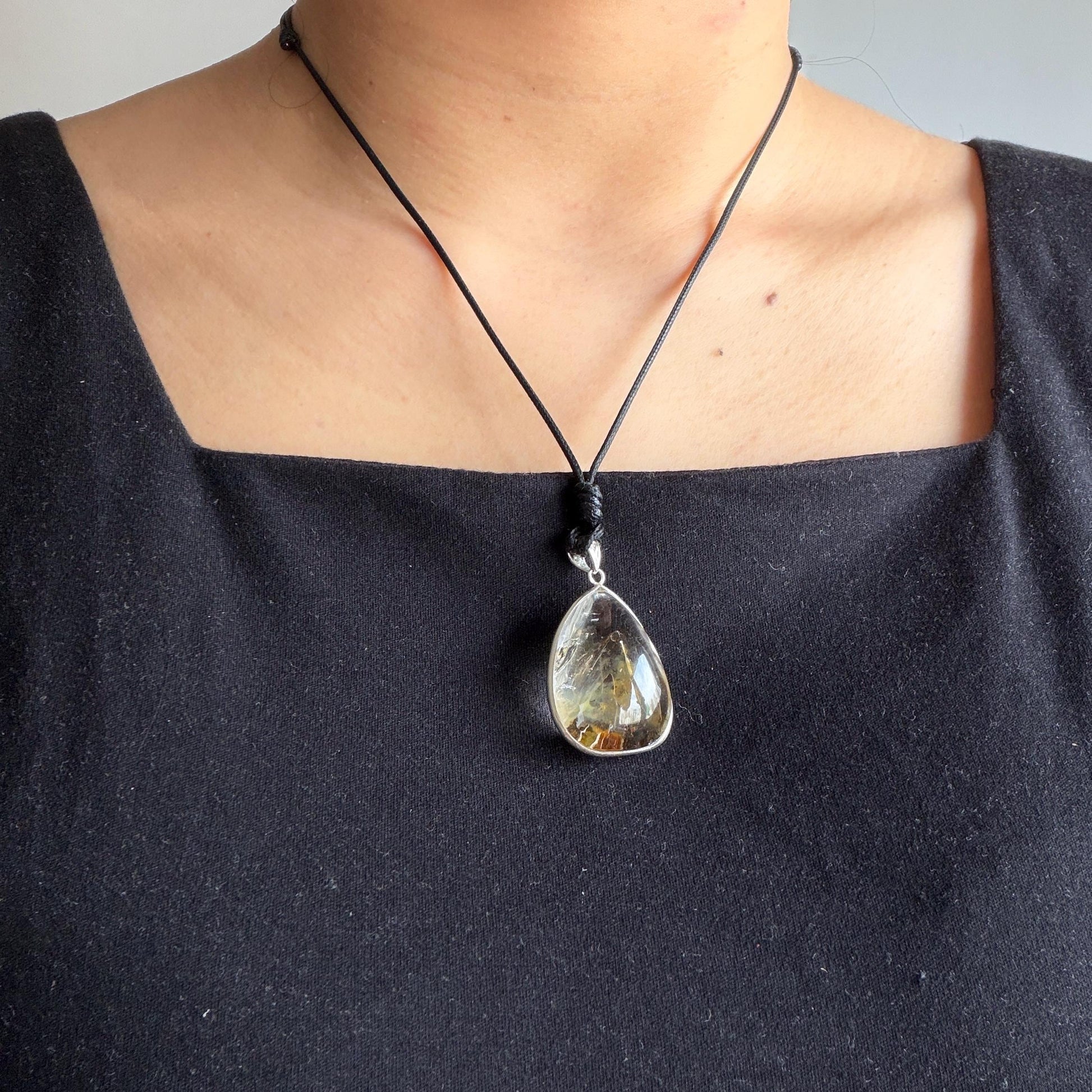 Ultra Rare! Polished Enhydro Quartz Wrapped Wire Pendant Adjustable Necklace: Moving Black & Yellow Sand with Big Bubble Inclusion Crystal | Natural Gemstone Birthstone Gift for her enhydro quartz sand water-fall pendant necklace choker gemstone charm stone pendant choker polished stone pendant crystal charm birthstone men necklace chakra crystal minerals specimen silver wire wrapped pendant inclusion crystal inclusion crystal  yellow sand inclusion