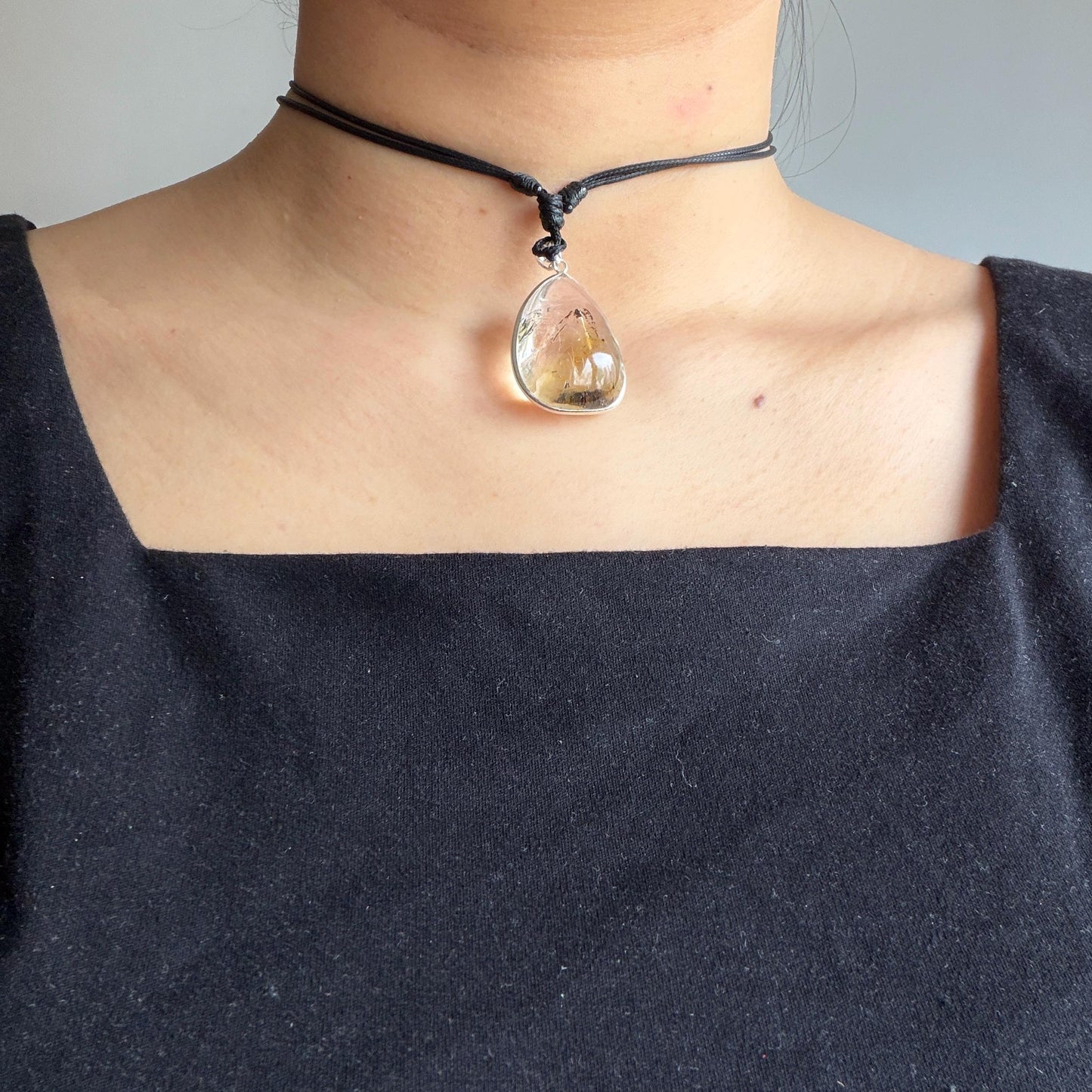 Ultra Rare! Polished Enhydro Quartz Wrapped Wire Pendant Adjustable Necklace: Moving Black & Yellow Sand with Big Bubble Inclusion Crystal | Natural Gemstone Birthstone Gift for her enhydro quartz sand water-fall pendant necklace choker gemstone charm stone pendant choker polished stone pendant crystal charm birthstone men necklace chakra crystal minerals specimen silver wire wrapped pendant inclusion crystal inclusion crystal  yellow sand inclusion