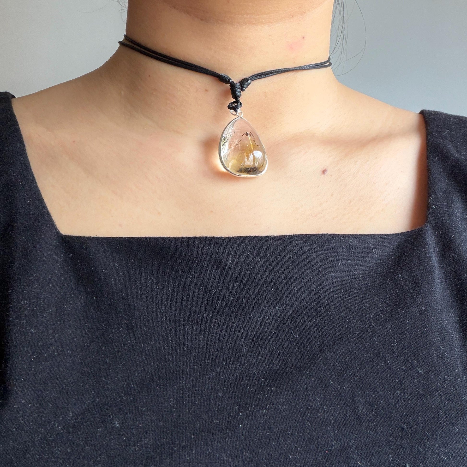 Ultra Rare! Polished Enhydro Quartz Wrapped Wire Pendant Adjustable Necklace: Moving Black & Yellow Sand with Big Bubble Inclusion Crystal | Natural Gemstone Birthstone Gift for her enhydro quartz sand water-fall pendant necklace choker gemstone charm stone pendant choker polished stone pendant crystal charm birthstone men necklace chakra crystal minerals specimen silver wire wrapped pendant inclusion crystal inclusion crystal  yellow sand inclusion