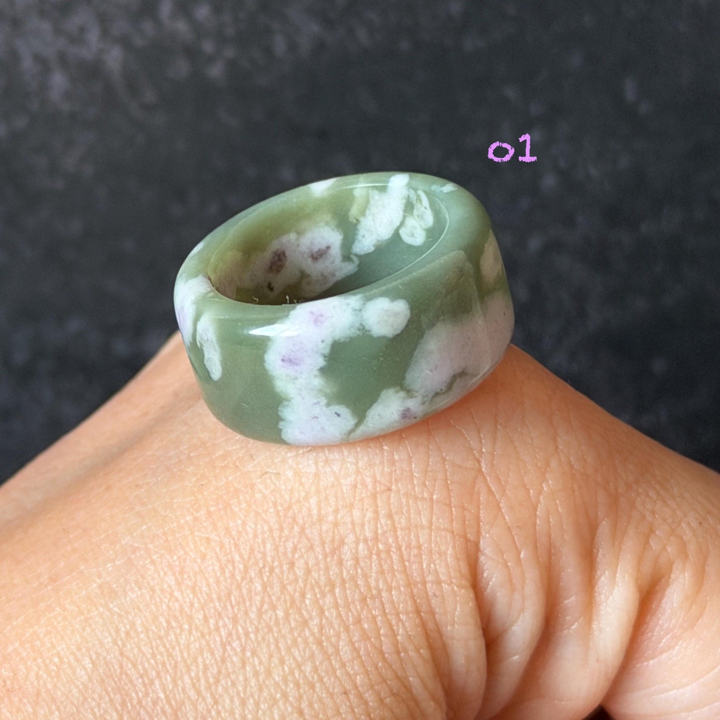 Natural Nephrite Jade Wide Band Ring:Green Jade with White & Purple Flower Pattern Thumb Ring | Wisteria Flowers | US 5.5-5.75 | White Jade Purple Jade flower statement ring for women ring pendant cocktail ring chinese jade ring vintage ring antique ring gift for her stone ring gemstone ring crystal ring
