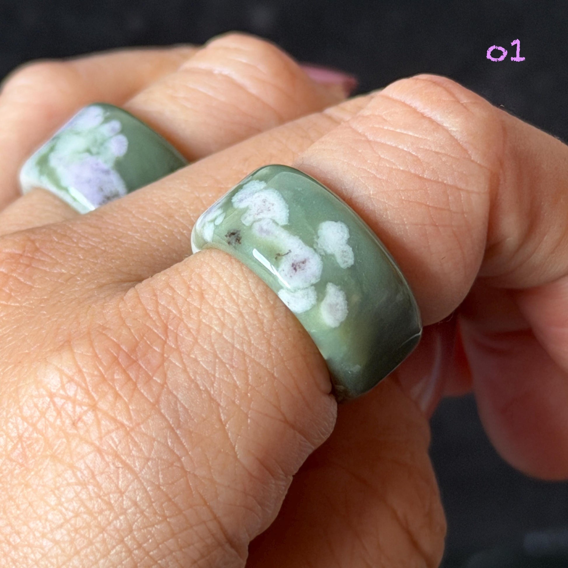 Natural Nephrite Jade Wide Band Ring:Green Jade with White & Purple Flower Pattern Thumb Ring | Wisteria Flowers | US 5.5-5.75 | White Jade Purple Jade flower statement ring for women ring pendant cocktail ring chinese jade ring vintage ring antique ring gift for her stone ring gemstone ring crystal ring