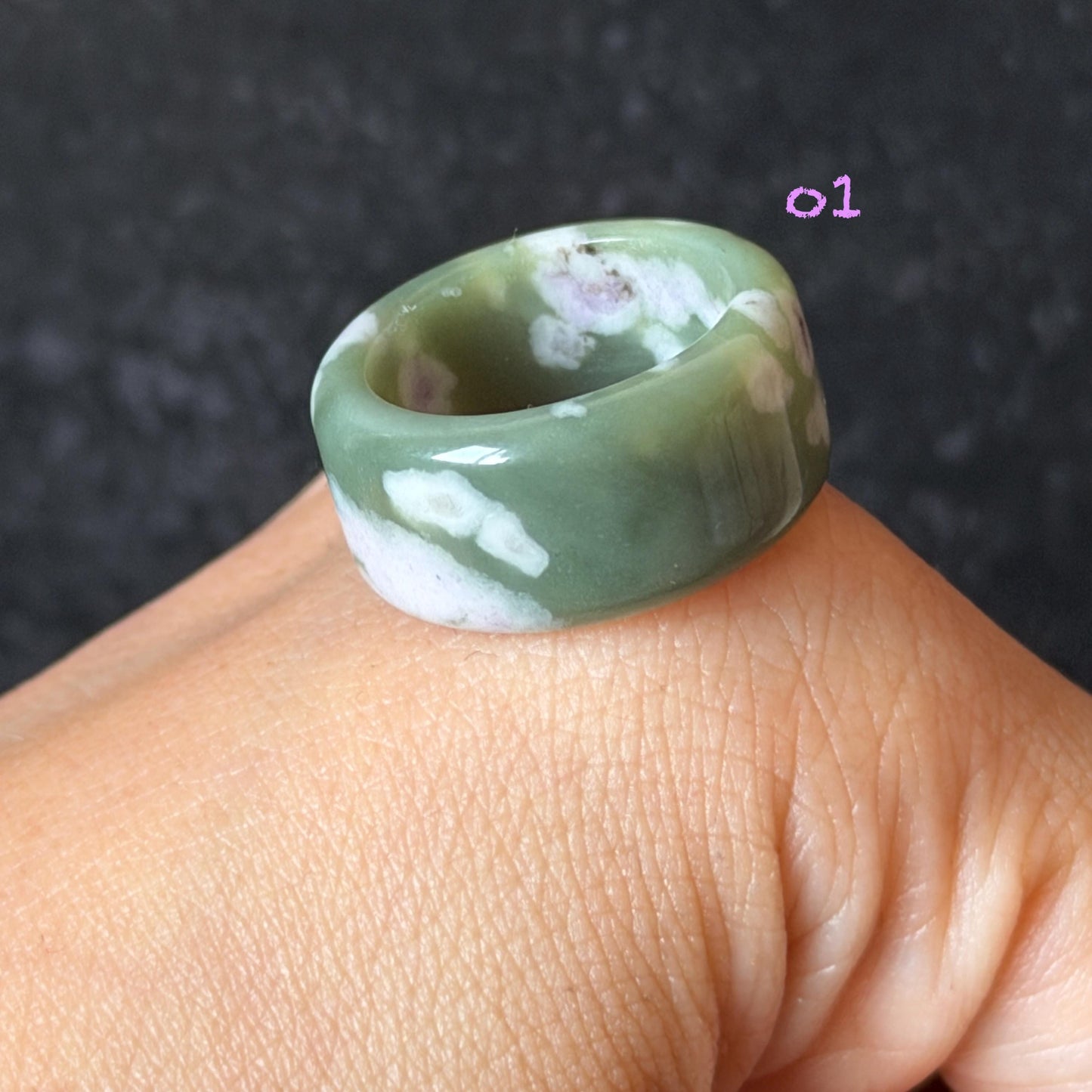Natural Nephrite Jade Wide Band Ring:Green Jade with White & Purple Flower Pattern Thumb Ring | Wisteria Flowers | US 5.5-5.75 | White Jade Purple Jade flower statement ring for women ring pendant cocktail ring chinese jade ring vintage ring antique ring gift for her stone ring gemstone ring crystal ring