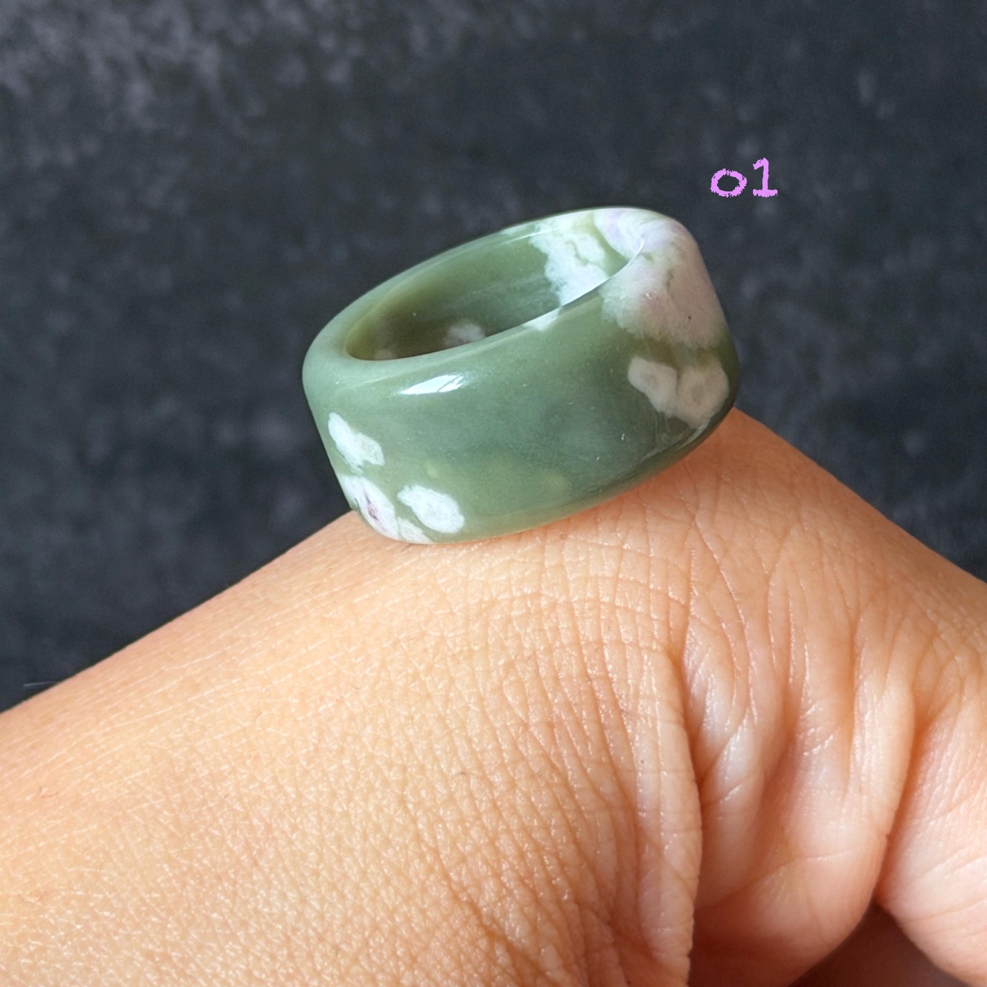 Natural Nephrite Jade Wide Band Ring:Green Jade with White & Purple Flower Pattern Thumb Ring | Wisteria Flowers | US 5.5-5.75 | White Jade Purple Jade flower statement ring for women ring pendant cocktail ring chinese jade ring vintage ring antique ring gift for her stone ring gemstone ring crystal ring
