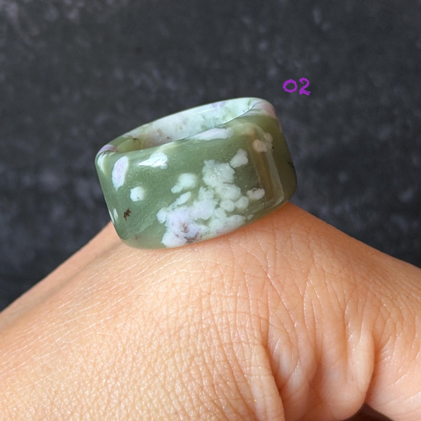Natural Nephrite Jade Wide Band Ring:Green Jade with White & Purple Flower Pattern Thumb Ring | Wisteria Flowers | US 5.5-5.75 | White Jade Purple Jade flower statement ring for women ring pendant cocktail ring chinese jade ring vintage ring antique ring gift for her stone ring gemstone ring crystal ring
