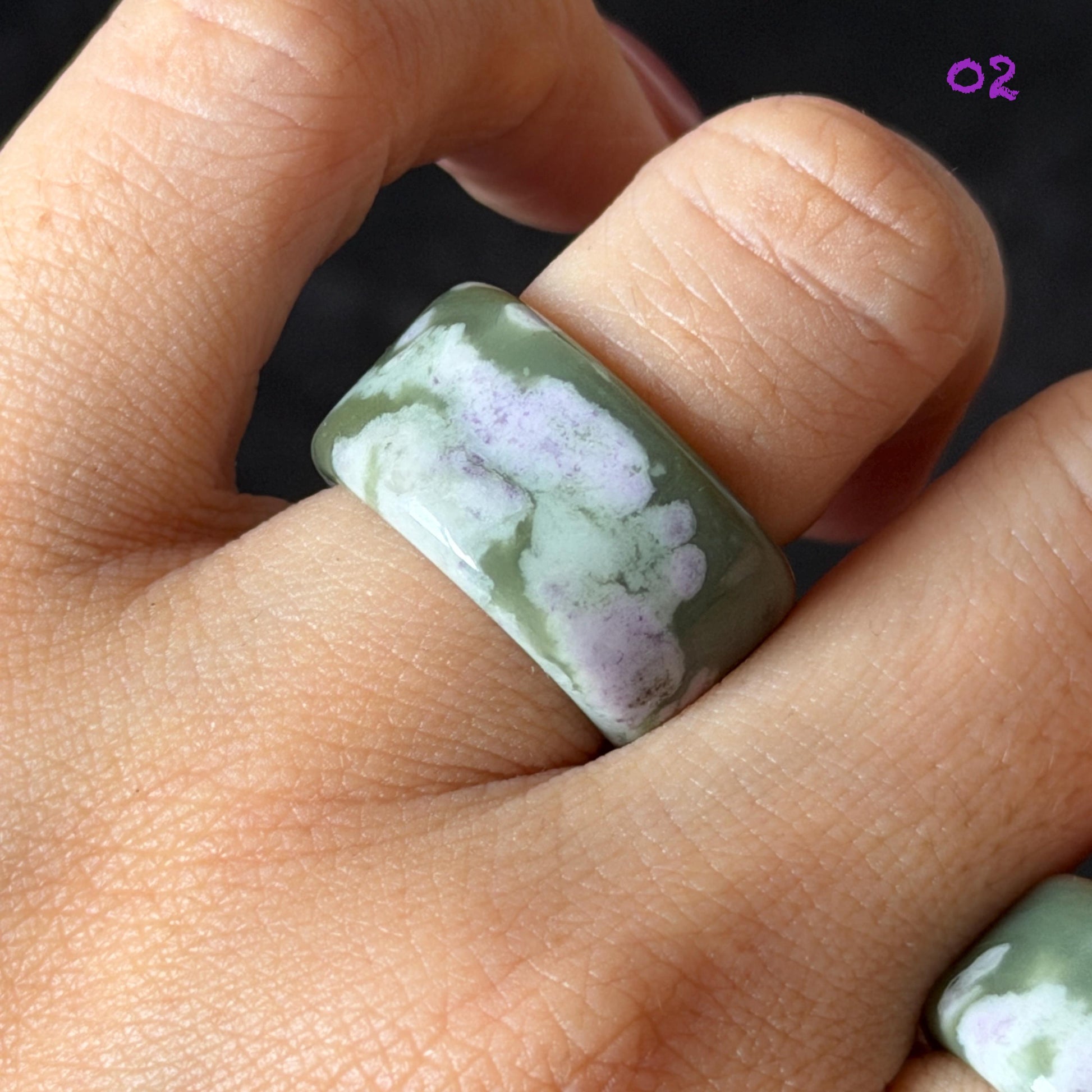 Natural Nephrite Jade Wide Band Ring:Green Jade with White & Purple Flower Pattern Thumb Ring | Wisteria Flowers | US 5.5-5.75 | White Jade Purple Jade flower statement ring for women ring pendant cocktail ring chinese jade ring vintage ring antique ring gift for her stone ring gemstone ring crystal ring