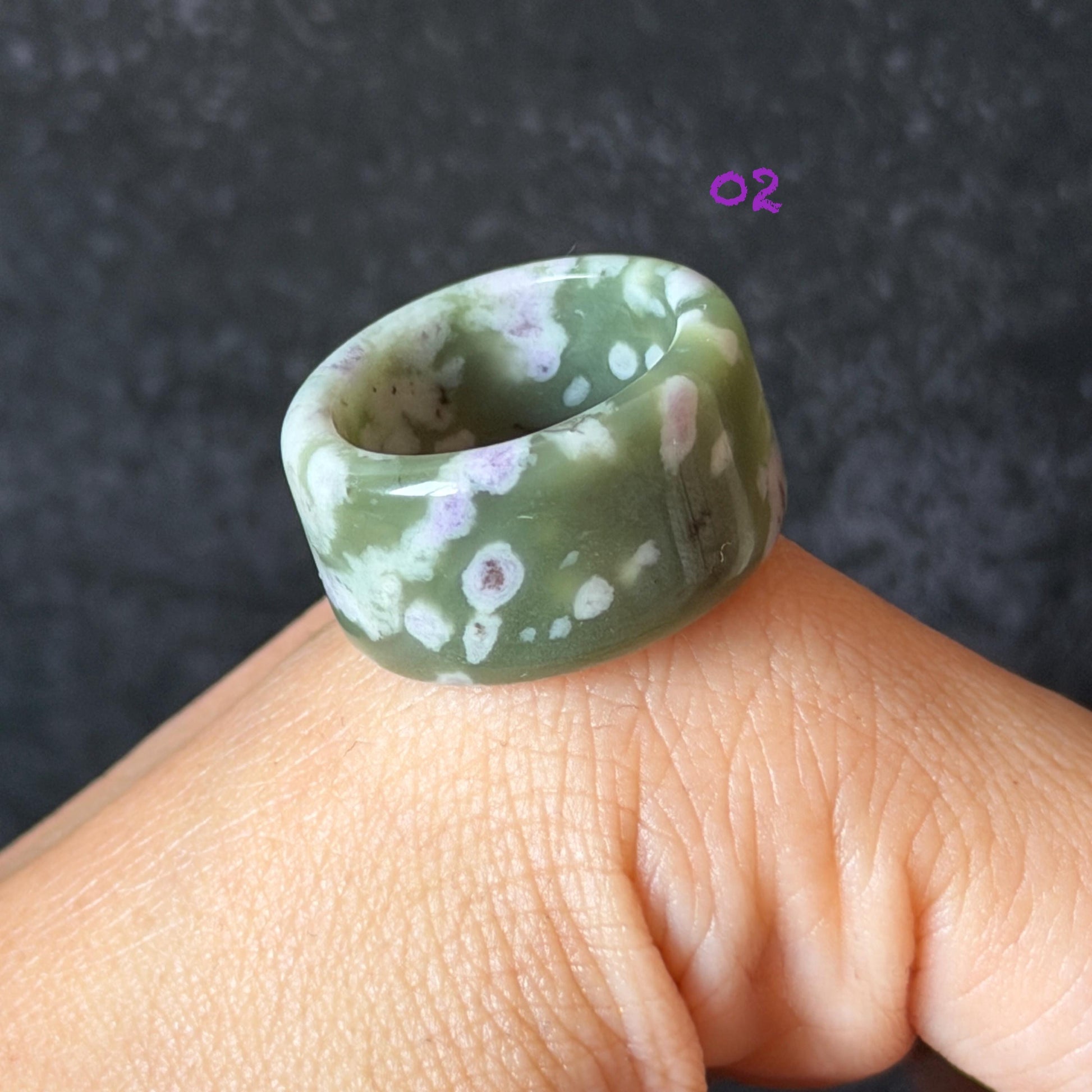 Natural Nephrite Jade Wide Band Ring:Green Jade with White & Purple Flower Pattern Thumb Ring | Wisteria Flowers | US 5.5-5.75 | White Jade Purple Jade flower statement ring for women ring pendant cocktail ring chinese jade ring vintage ring antique ring gift for her stone ring gemstone ring crystal ring