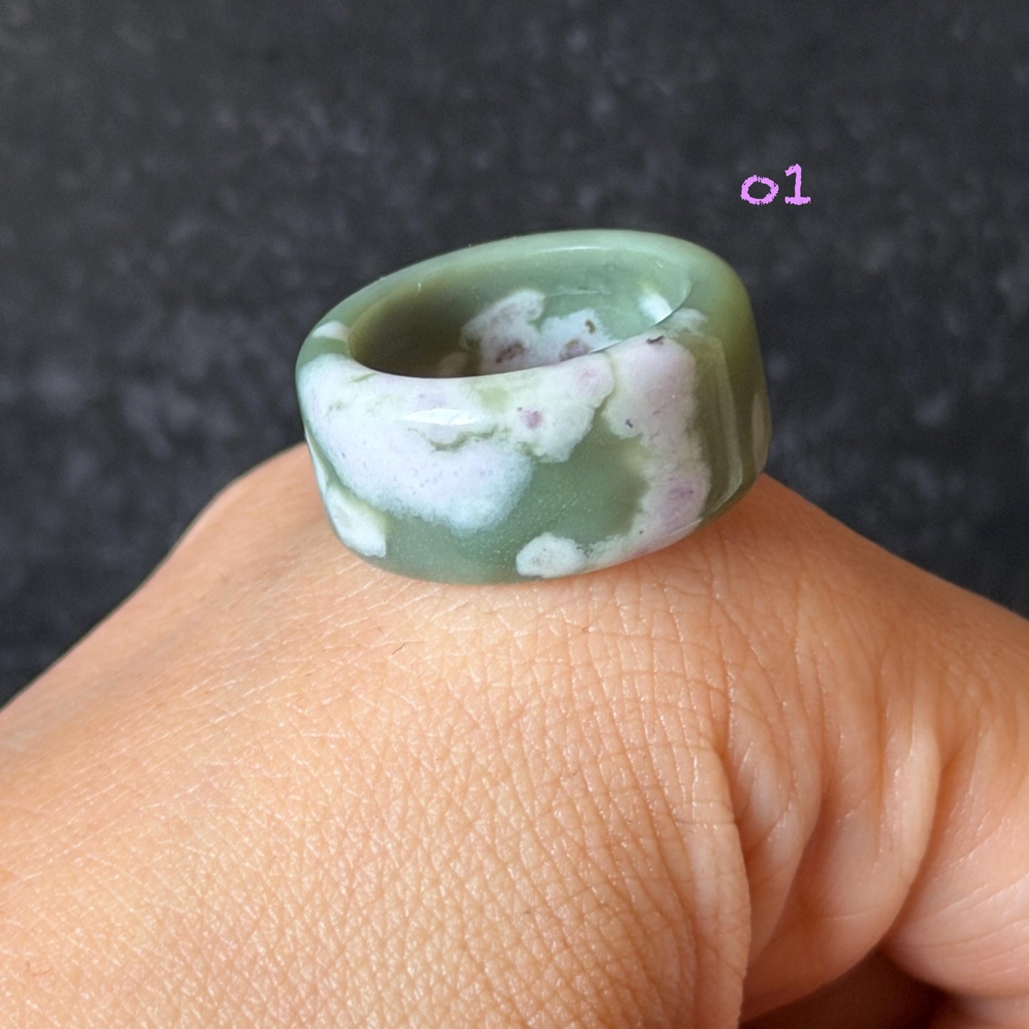 Natural Nephrite Jade Wide Band Ring:Green Jade with White & Purple Flower Pattern Thumb Ring | Wisteria Flowers | US 5.5-5.75 | White Jade Purple Jade flower statement ring for women ring pendant cocktail ring chinese jade ring vintage ring antique ring gift for her stone ring gemstone ring crystal ring