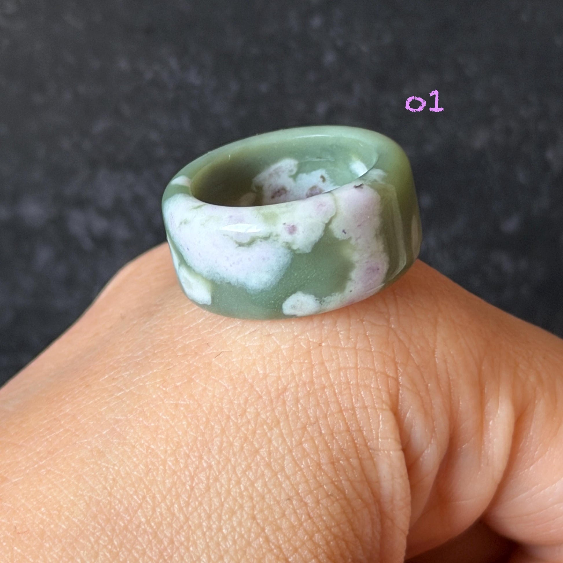 Natural Nephrite Jade Wide Band Ring:Green Jade with White & Purple Flower Pattern Thumb Ring | Wisteria Flowers | US 5.5-5.75 | White Jade Purple Jade flower statement ring for women ring pendant cocktail ring chinese jade ring vintage ring antique ring gift for her stone ring gemstone ring crystal ring