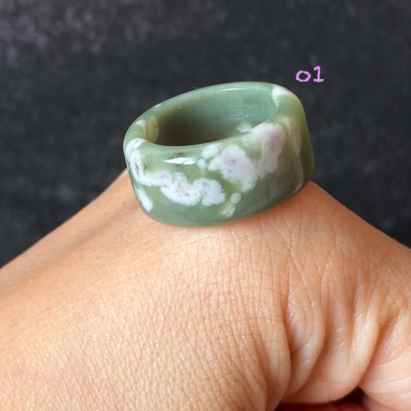 Natural Nephrite Jade Wide Band Ring:Green Jade with White & Purple Flower Pattern Thumb Ring | Wisteria Flowers | US 5.5-5.75 | White Jade Purple Jade flower statement ring for women ring pendant cocktail ring chinese jade ring vintage ring antique ring gift for her stone ring gemstone ring crystal ring