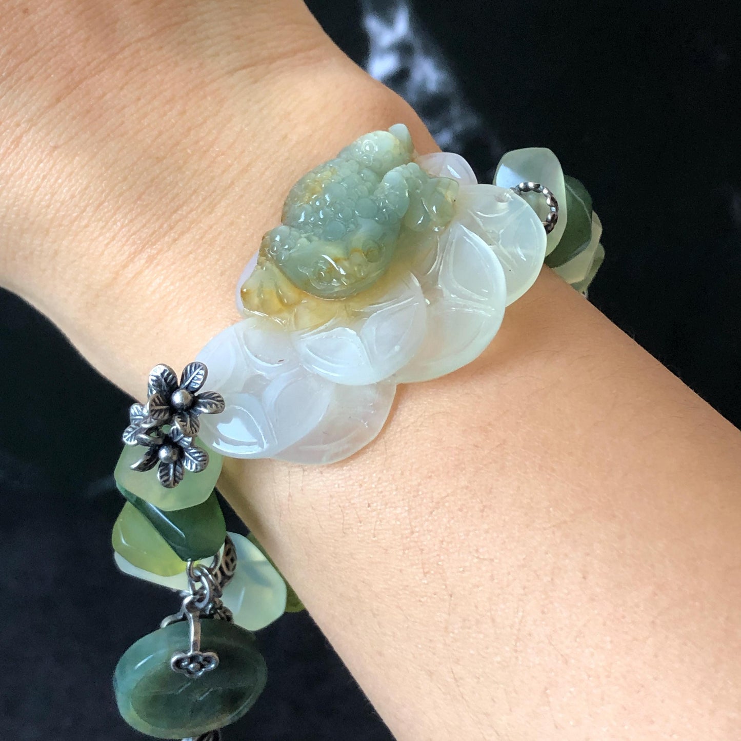 Xiu Jade Serpentine Hand Carved Toad & Coins with Irregular Bead Bracelet: Natural Green and White Jade with Vintage Tibetan Silver Accessory | Crystal Stone Gemstone Gift for her Green Jade Carving White Jade Yellow Jade Jewelry diy bracelet untreated jade carved good luck charm engraved blue toad charm big bead Chunky Bead Bracelet elastic stretch bracelet 3D stone carving personalized bracelet customized bracelet tailor made toad lover gift fortune charm prosperity charm dangle