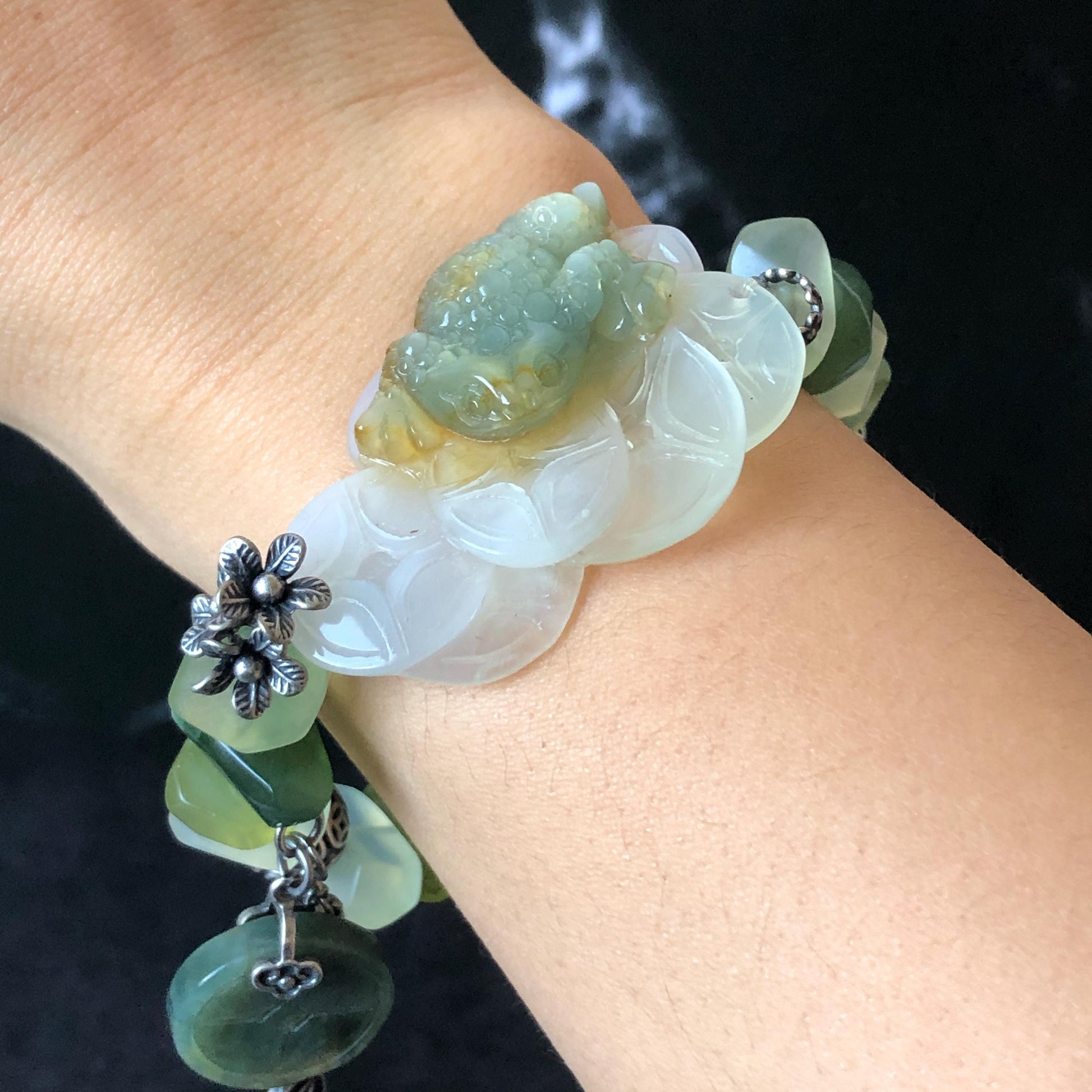 Xiu Jade Serpentine Hand Carved Toad & Coins with Irregular Bead Bracelet: Natural Green and White Jade with Vintage Tibetan Silver Accessory | Crystal Stone Gemstone Gift for her Green Jade Carving White Jade Yellow Jade Jewelry diy bracelet untreated jade carved good luck charm engraved blue toad charm big bead Chunky Bead Bracelet elastic stretch bracelet 3D stone carving personalized bracelet customized bracelet tailor made toad lover gift fortune charm prosperity charm dangle
