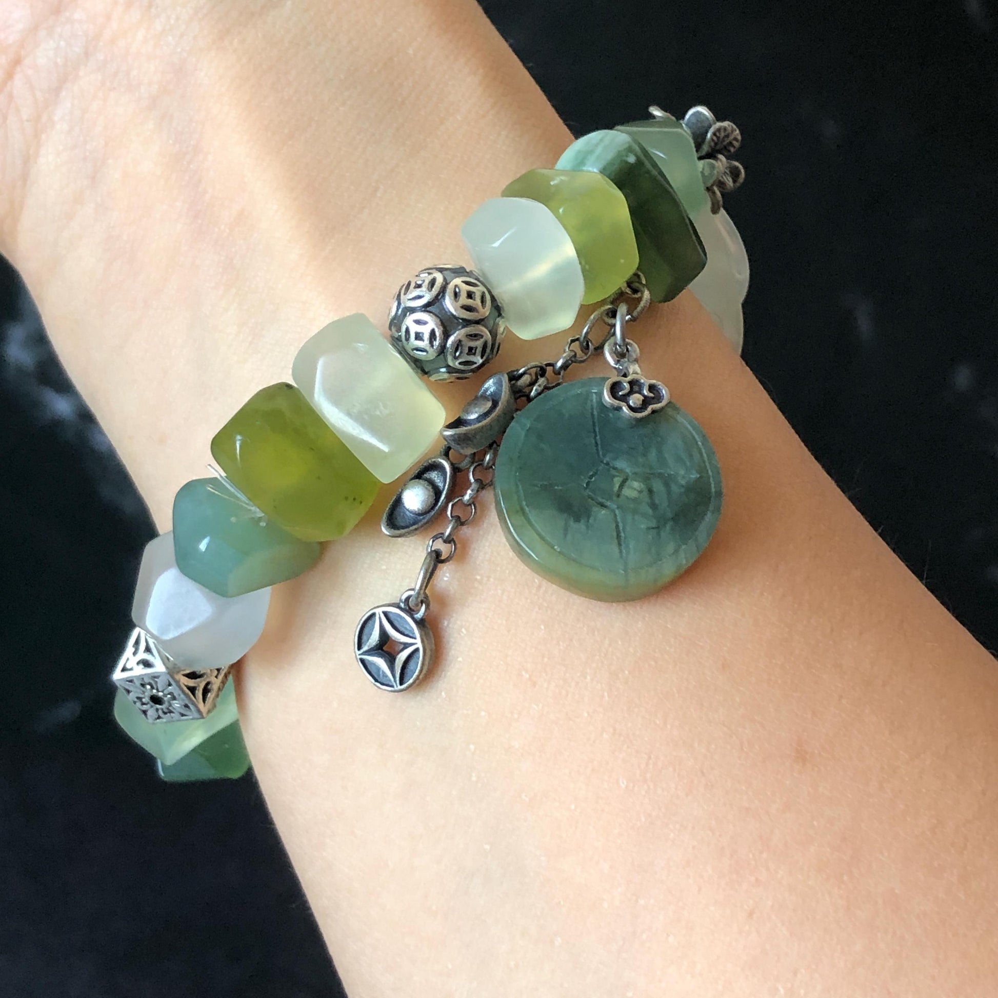 Xiu Jade Serpentine Hand Carved Toad & Coins with Irregular Bead Bracelet: Natural Green and White Jade with Vintage Tibetan Silver Accessory | Crystal Stone Gemstone Gift for her Green Jade Carving White Jade Yellow Jade Jewelry diy bracelet untreated jade carved good luck charm engraved blue toad charm big bead Chunky Bead Bracelet elastic stretch bracelet 3D stone carving personalized bracelet customized bracelet tailor made toad lover gift fortune charm prosperity charm dangle