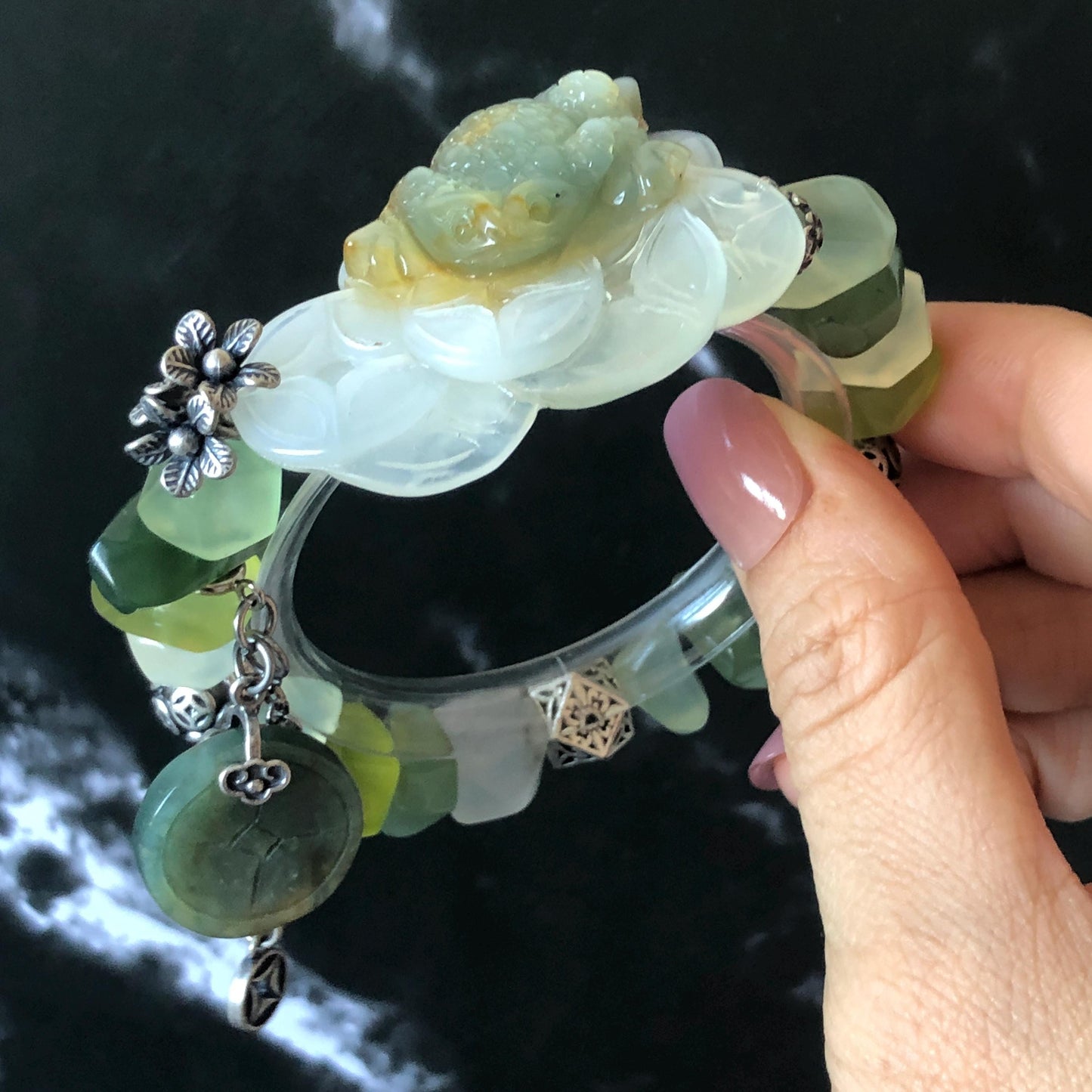 Xiu Jade Serpentine Hand Carved Toad & Coins with Irregular Bead Bracelet: Natural Green and White Jade with Vintage Tibetan Silver Accessory | Crystal Stone Gemstone Gift for her Green Jade Carving White Jade Yellow Jade Jewelry diy bracelet untreated jade carved good luck charm engraved blue toad charm big bead Chunky Bead Bracelet elastic stretch bracelet 3D stone carving personalized bracelet customized bracelet tailor made toad lover gift fortune charm prosperity charm dangle