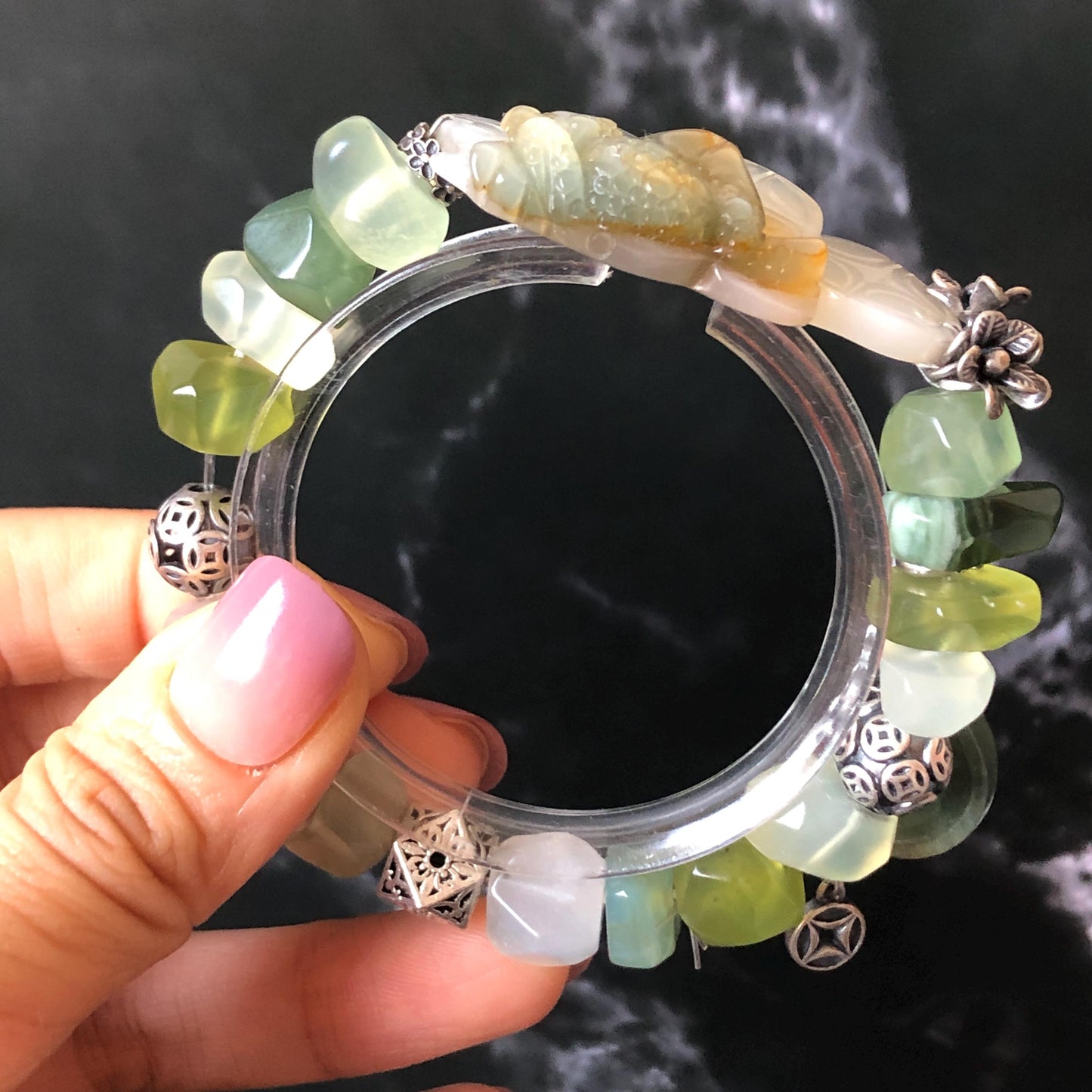 Xiu Jade Serpentine Hand Carved Toad & Coins with Irregular Bead Bracelet: Natural Green and White Jade with Vintage Tibetan Silver Accessory | Crystal Stone Gemstone Gift for her Green Jade Carving White Jade Yellow Jade Jewelry diy bracelet untreated jade carved good luck charm engraved blue toad charm big bead Chunky Bead Bracelet elastic stretch bracelet 3D stone carving personalized bracelet customized bracelet tailor made toad lover gift fortune charm prosperity charm dangle