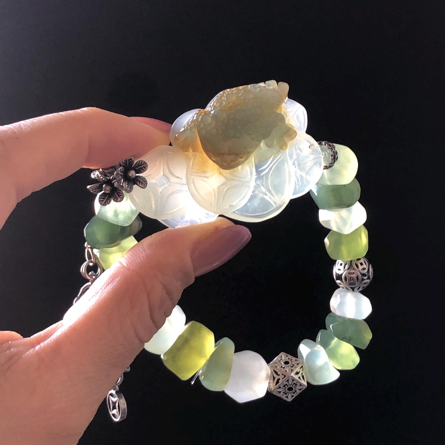 Xiu Jade Serpentine Hand Carved Toad & Coins with Irregular Bead Bracelet: Natural Green and White Jade with Vintage Tibetan Silver Accessory | Crystal Stone Gemstone Gift for her Green Jade Carving White Jade Yellow Jade Jewelry diy bracelet untreated jade carved good luck charm engraved blue toad charm big bead Chunky Bead Bracelet elastic stretch bracelet 3D stone carving personalized bracelet customized bracelet tailor made toad lover gift fortune charm prosperity charm dangle