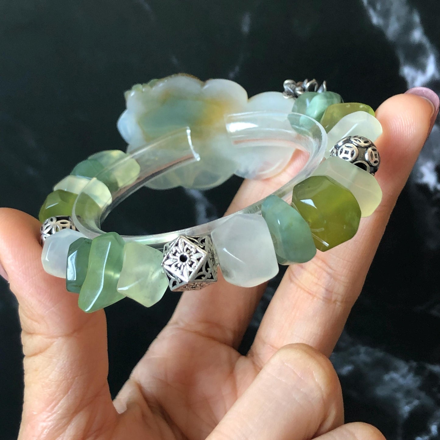 Xiu Jade Serpentine Hand Carved Toad & Coins with Irregular Bead Bracelet: Natural Green and White Jade with Vintage Tibetan Silver Accessory | Crystal Stone Gemstone Gift for her Green Jade Carving White Jade Yellow Jade Jewelry diy bracelet untreated jade carved good luck charm engraved blue toad charm big bead Chunky Bead Bracelet elastic stretch bracelet 3D stone carving personalized bracelet customized bracelet tailor made toad lover gift fortune charm prosperity charm dangle