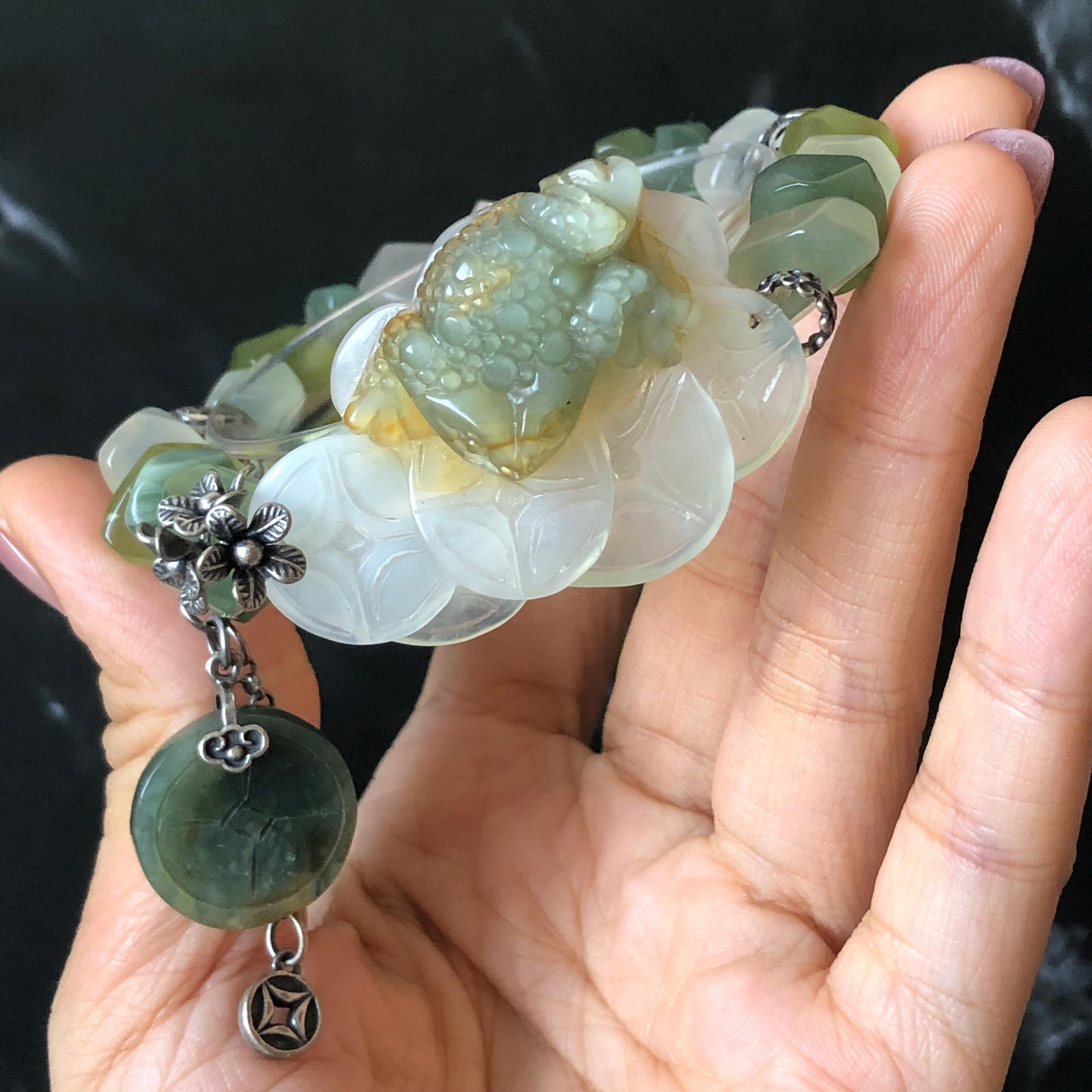 Xiu Jade Serpentine Hand Carved Toad & Coins with Irregular Bead Bracelet: Natural Green and White Jade with Vintage Tibetan Silver Accessory | Crystal Stone Gemstone Gift for her Green Jade Carving White Jade Yellow Jade Jewelry diy bracelet untreated jade carved good luck charm engraved blue toad charm big bead Chunky Bead Bracelet elastic stretch bracelet 3D stone carving personalized bracelet customized bracelet tailor made toad lover gift fortune charm prosperity charm dangle