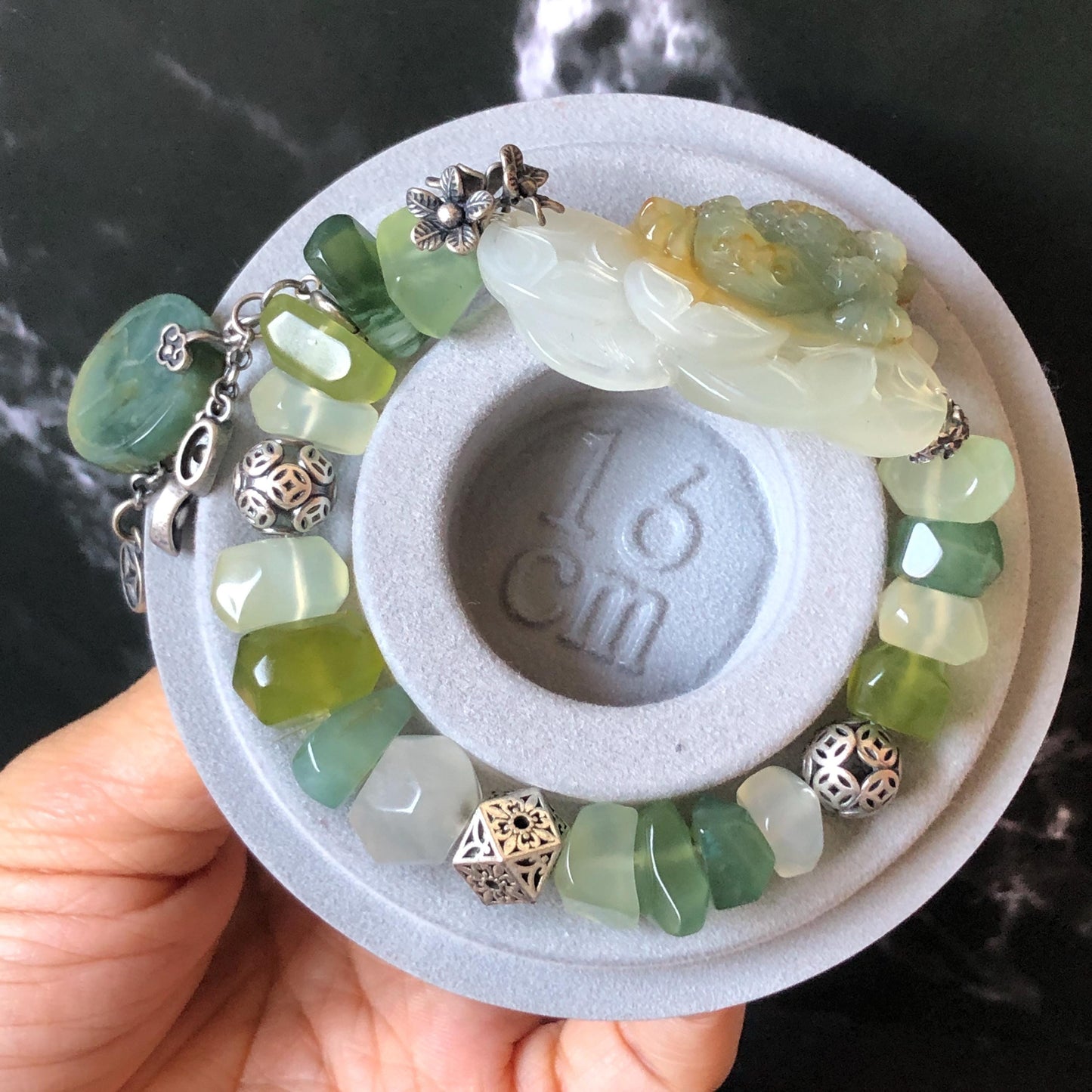 Xiu Jade Serpentine Hand Carved Toad & Coins with Irregular Bead Bracelet: Natural Green and White Jade with Vintage Tibetan Silver Accessory | Crystal Stone Gemstone Gift for her Green Jade Carving White Jade Yellow Jade Jewelry diy bracelet untreated jade carved good luck charm engraved blue toad charm big bead Chunky Bead Bracelet elastic stretch bracelet 3D stone carving personalized bracelet customized bracelet tailor made toad lover gift fortune charm prosperity charm dangle