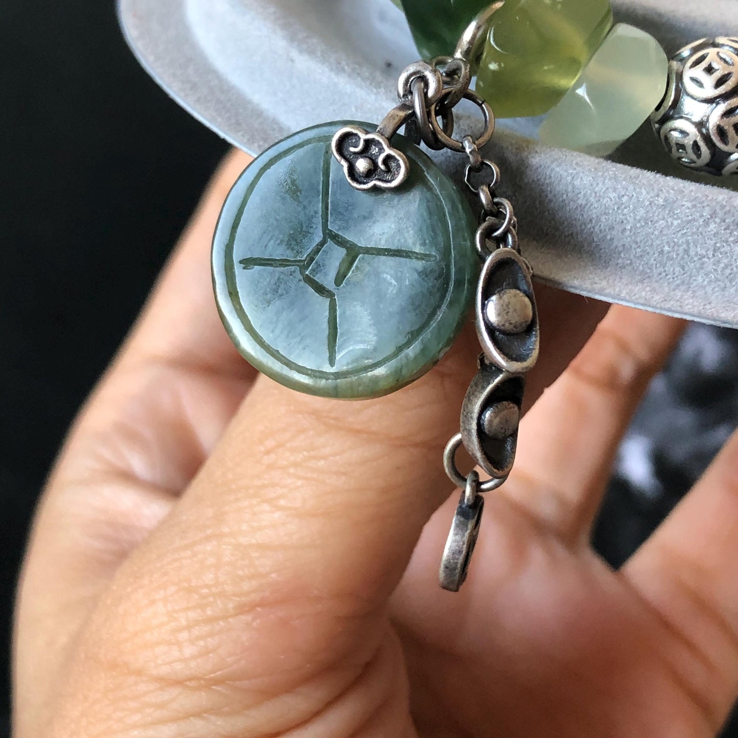 Xiu Jade Serpentine Hand Carved Toad & Coins with Irregular Bead Bracelet: Natural Green and White Jade with Vintage Tibetan Silver Accessory | Crystal Stone Gemstone Gift for her Green Jade Carving White Jade Yellow Jade Jewelry diy bracelet untreated jade carved good luck charm engraved blue toad charm big bead Chunky Bead Bracelet elastic stretch bracelet 3D stone carving personalized bracelet customized bracelet tailor made toad lover gift fortune charm prosperity charm dangle