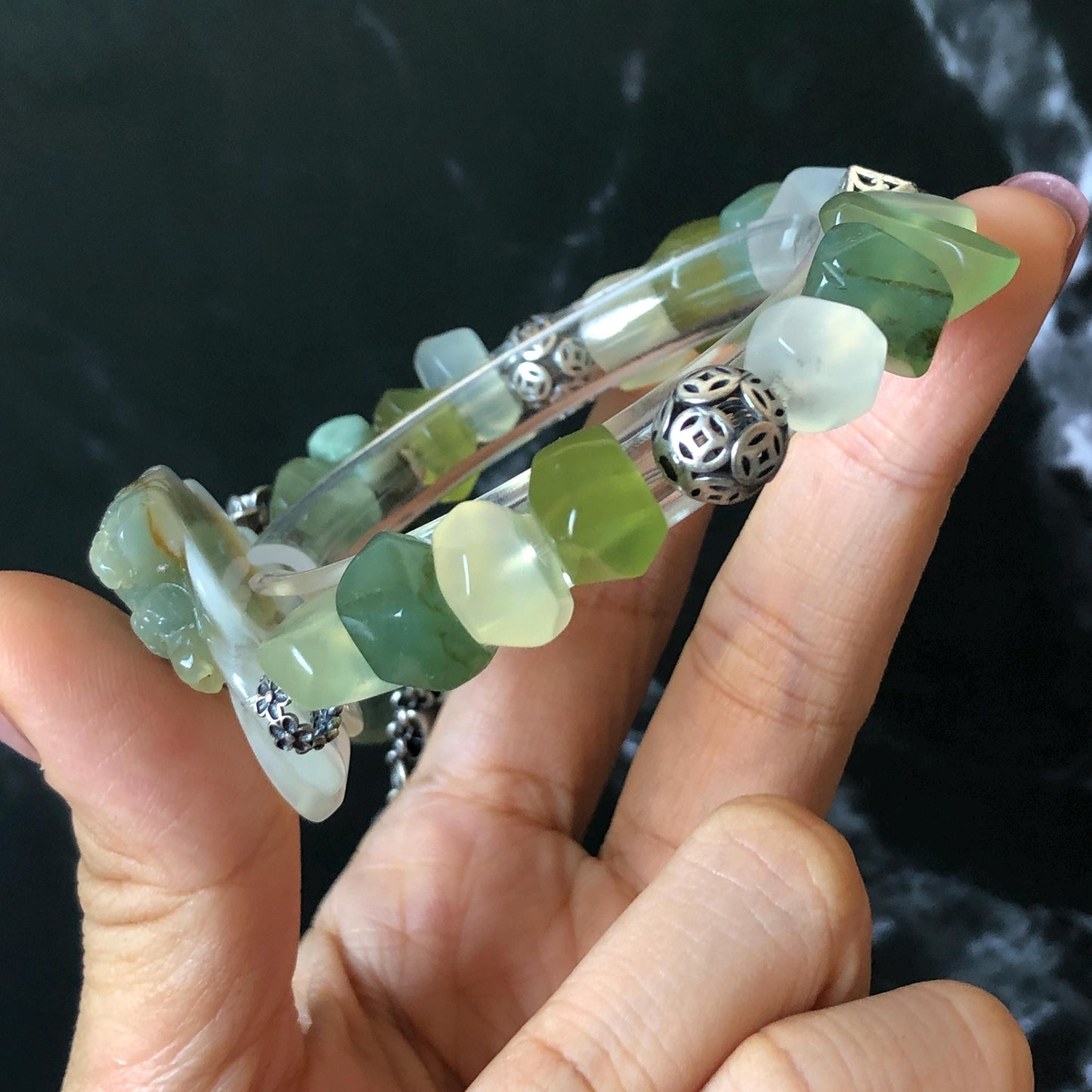 Xiu Jade Serpentine Hand Carved Toad & Coins with Irregular Bead Bracelet: Natural Green and White Jade with Vintage Tibetan Silver Accessory | Crystal Stone Gemstone Gift for her Green Jade Carving White Jade Yellow Jade Jewelry diy bracelet untreated jade carved good luck charm engraved blue toad charm big bead Chunky Bead Bracelet elastic stretch bracelet 3D stone carving personalized bracelet customized bracelet tailor made toad lover gift fortune charm prosperity charm dangle