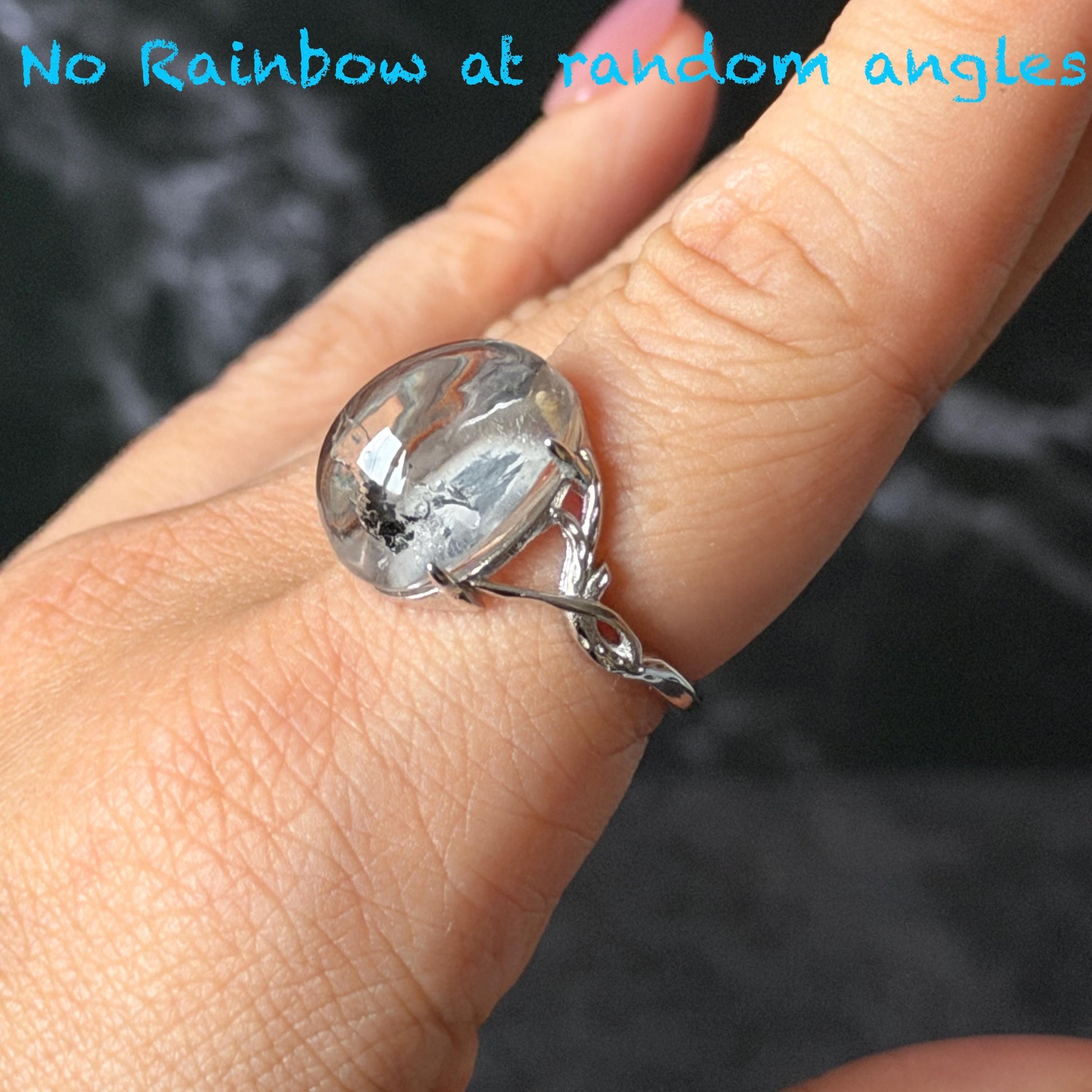 Polished Enhydro Quartz (Herkimer Diamond) S925 Silver Adjustable Ring: Big Rainbow! Moving Sand and Black Bubble Inclusion Crystal Statement Ring for Women ring crystal band ring crystal cocktail ring crystal stackable ring 7 chakra crystal ring meditation crystal healing stone birthstone silver ring ring for men rainbow quartz inclusion quartz inclusion crystal minerals specimen silver ring free size ring adjustable ring holder rain quartz enhydro crystal inclusion crystal inclusion quartz