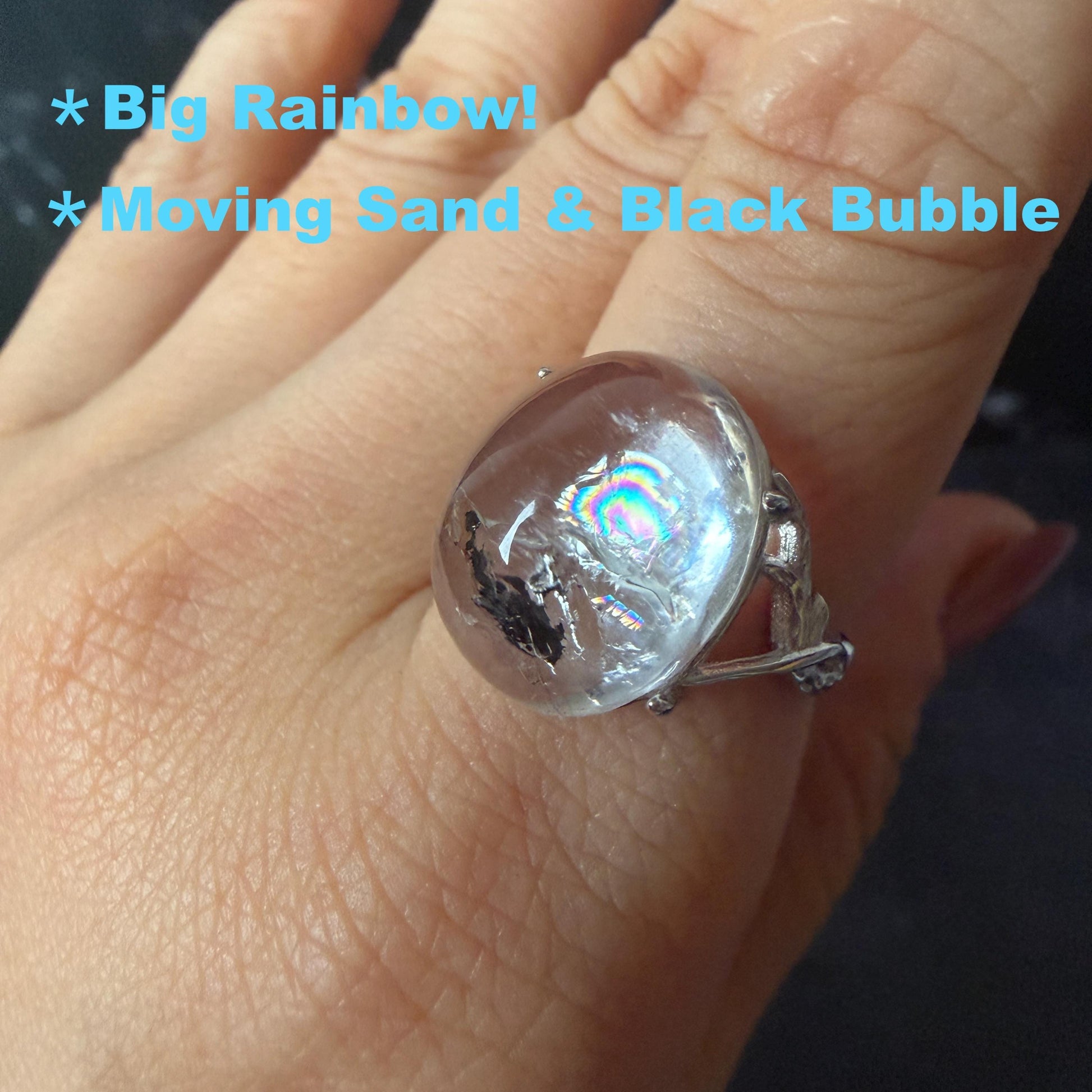 Polished Enhydro Quartz (Herkimer Diamond) S925 Silver Adjustable Ring: Big Rainbow! Moving Sand and Black Bubble Inclusion Crystal Statement Ring for Women ring crystal band ring crystal cocktail ring crystal stackable ring 7 chakra crystal ring meditation crystal healing stone birthstone silver ring ring for men rainbow quartz inclusion quartz inclusion crystal minerals specimen silver ring free size ring adjustable ring holder rain quartz enhydro crystal inclusion crystal inclusion quartz