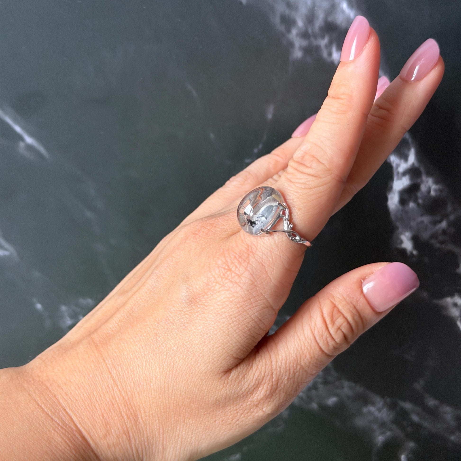 Polished Enhydro Quartz (Herkimer Diamond) S925 Silver Adjustable Ring: Big Rainbow! Moving Sand and Black Bubble Inclusion Crystal Statement Ring for Women ring crystal band ring crystal cocktail ring crystal stackable ring 7 chakra crystal ring meditation crystal healing stone birthstone silver ring ring for men rainbow quartz inclusion quartz inclusion crystal minerals specimen silver ring free size ring adjustable ring holder rain quartz enhydro crystal inclusion crystal inclusion quartz