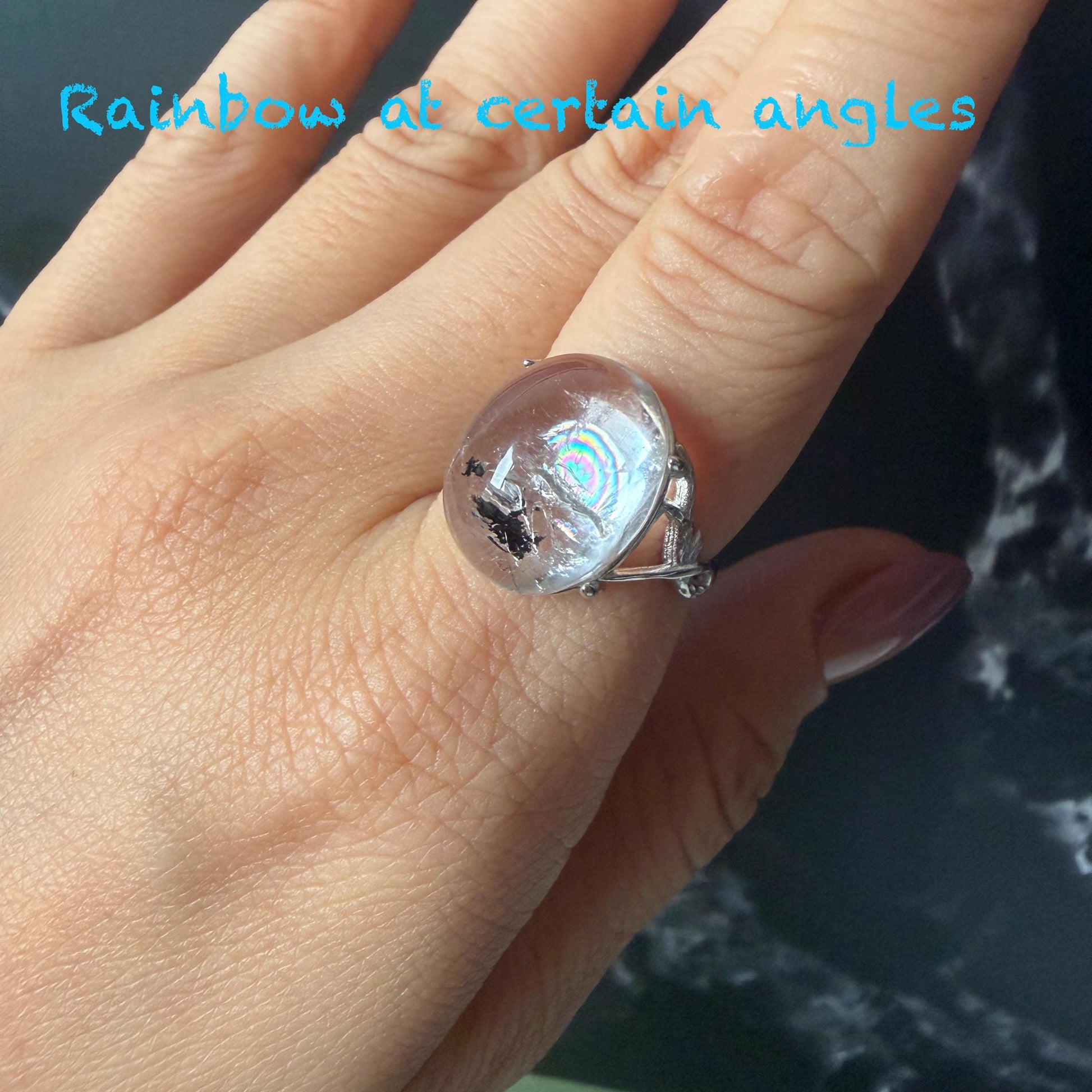 Polished Enhydro Quartz (Herkimer Diamond) S925 Silver Adjustable Ring: Big Rainbow! Moving Sand and Black Bubble Inclusion Crystal Statement Ring for Women ring crystal band ring cocktail ring stackable ring 7 chakra crystal ring meditation crystal healing stone birthstone silver ring ring for men rainbow quartz inclusion quartz inclusion crystal minerals specimen silver ring free size ring adjustable ring holder rain quartz enhydro crystal inclusion crystal inclusion quartz