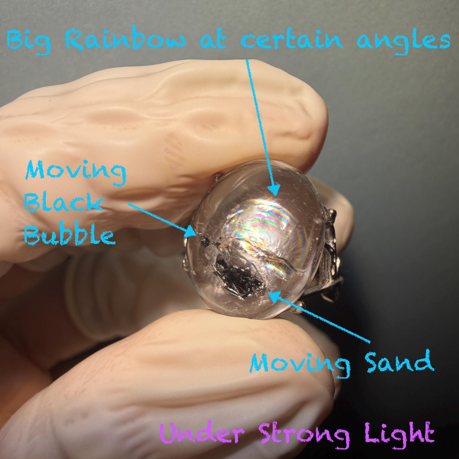 Polished Enhydro Quartz (Herkimer Diamond) S925 Silver Adjustable Ring: Big Rainbow! Moving Sand and Black Bubble Inclusion Crystal Statement Ring for Women ring crystal band ring crystal cocktail ring crystal stackable ring 7 chakra crystal ring meditation crystal healing stone birthstone silver ring ring for men rainbow quartz inclusion quartz inclusion crystal minerals specimen silver ring free size ring adjustable ring holder rain quartz enhydro crystal inclusion crystal inclusion quartz
