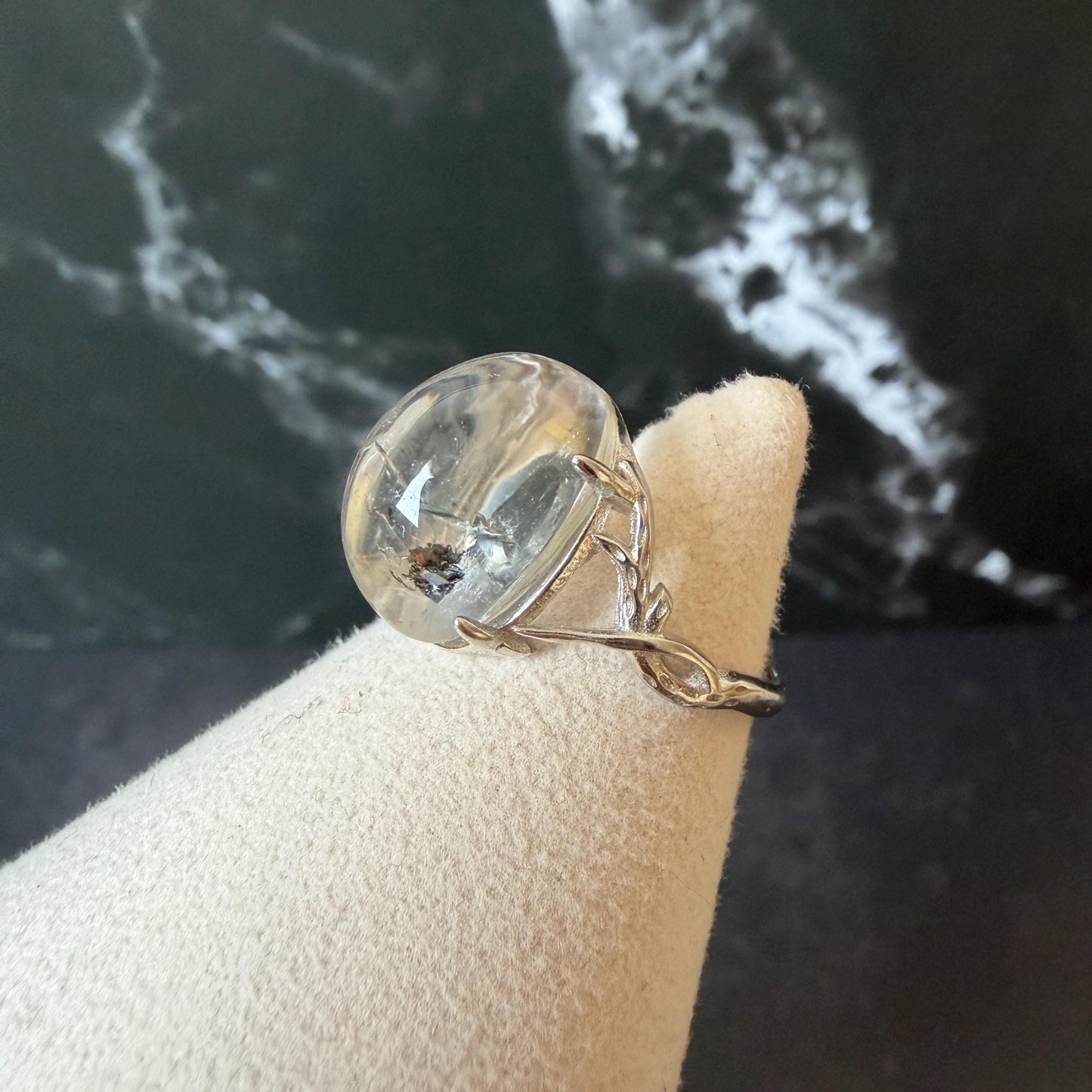 Polished Enhydro Quartz (Herkimer Diamond) S925 Silver Adjustable Ring: Big Rainbow! Moving Sand and Black Bubble Inclusion Crystal Statement Ring for Women ring crystal band ring crystal cocktail ring crystal stackable ring 7 chakra crystal ring meditation crystal healing stone birthstone silver ring ring for men rainbow quartz inclusion quartz inclusion crystal minerals specimen silver ring free size ring adjustable ring holder rain quartz enhydro crystal inclusion crystal inclusion quartz