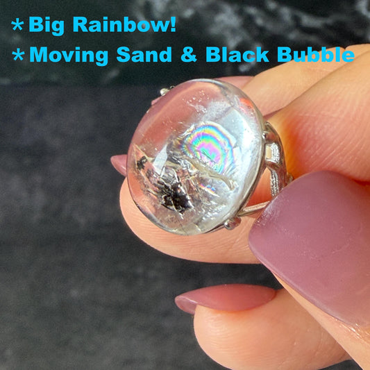 Polished Enhydro Quartz (Herkimer Diamond) S925 Silver Adjustable Ring: Big Rainbow! Moving Sand and Black Bubble Inclusion Crystal