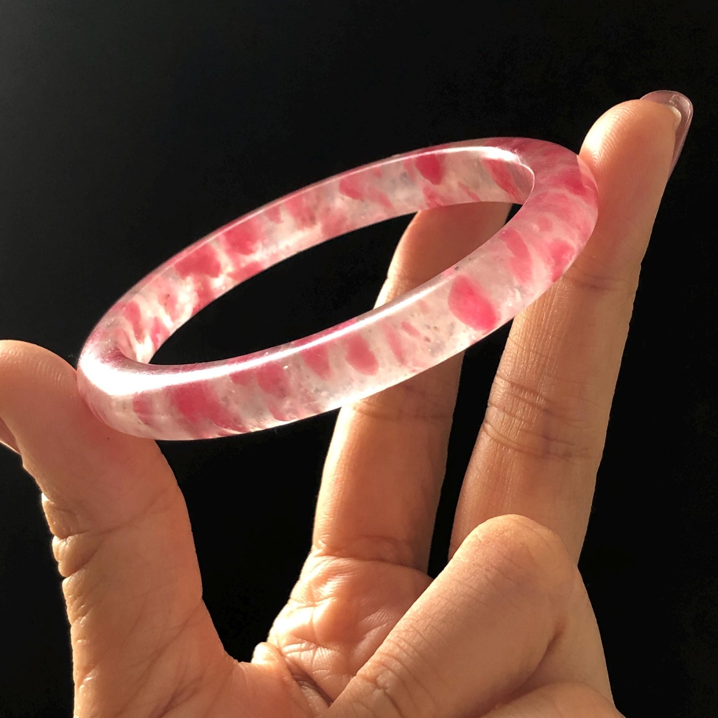 58.2mm Premium Ultra-rare Natural Icy Rhodonite Crystal Stone Gemstone Bangle | Blossom Flowers | Sakura Rain | Plum Blossom | Cherry Blossom icy natural crystal bracelet gemstone bangle pink stone bangle love stone healing stone heart chakra healing crystal mediative stone pink gemstone gift for her mother day gift
