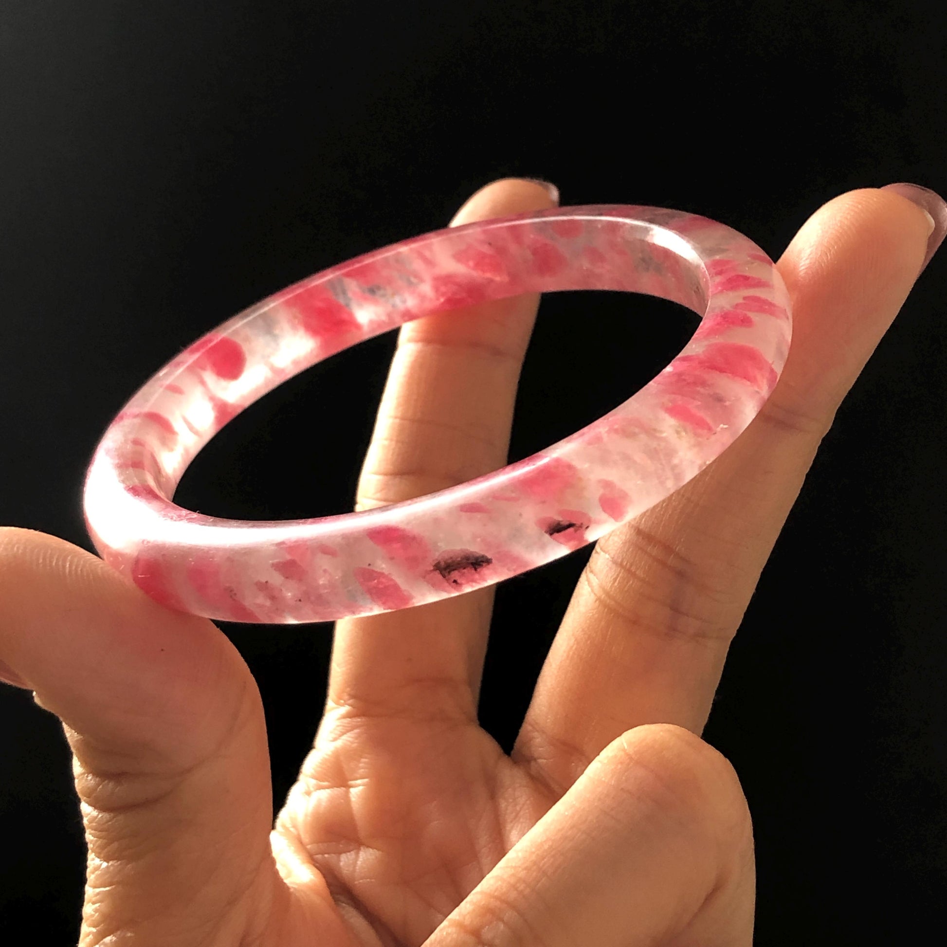 58.2mm Premium Ultra-rare Natural Icy Rhodonite Crystal Stone Gemstone Bangle | Blossom Flowers | Sakura Rain | Plum Blossom | Cherry Blossom icy natural crystal bracelet gemstone bangle pink stone bangle love stone healing stone heart chakra healing crystal mediative stone pink gemstone gift for her mother day gift