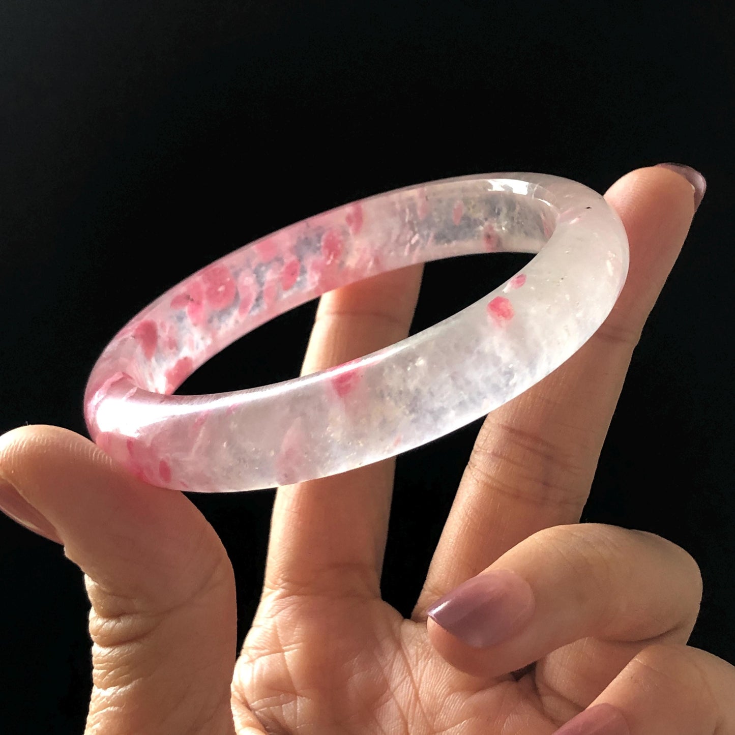 60.4mm Premium Ultra-rare Natural Icy Rhodonite Crystal Stone Gemstone Bangle | Blossom Flowers | Sakura Rain | Plum Blossom | Cherry Blossom icy natural crystal bracelet gemstone bangle pink stone bangle love stone healing stone heart chakra healing crystal mediative stone pink gemstone gift for her mother day gift
