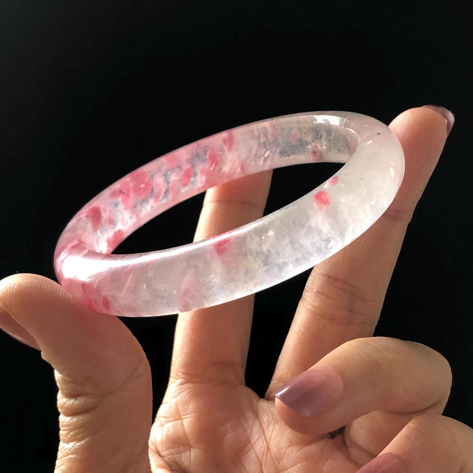 60.4mm Premium Ultra-rare Natural Icy Rhodonite Crystal Stone Gemstone Bangle | Blossom Flowers | Sakura Rain | Plum Blossom | Cherry Blossom icy natural crystal bracelet gemstone bangle pink stone bangle love stone healing stone heart chakra healing crystal mediative stone pink gemstone gift for her mother day gift