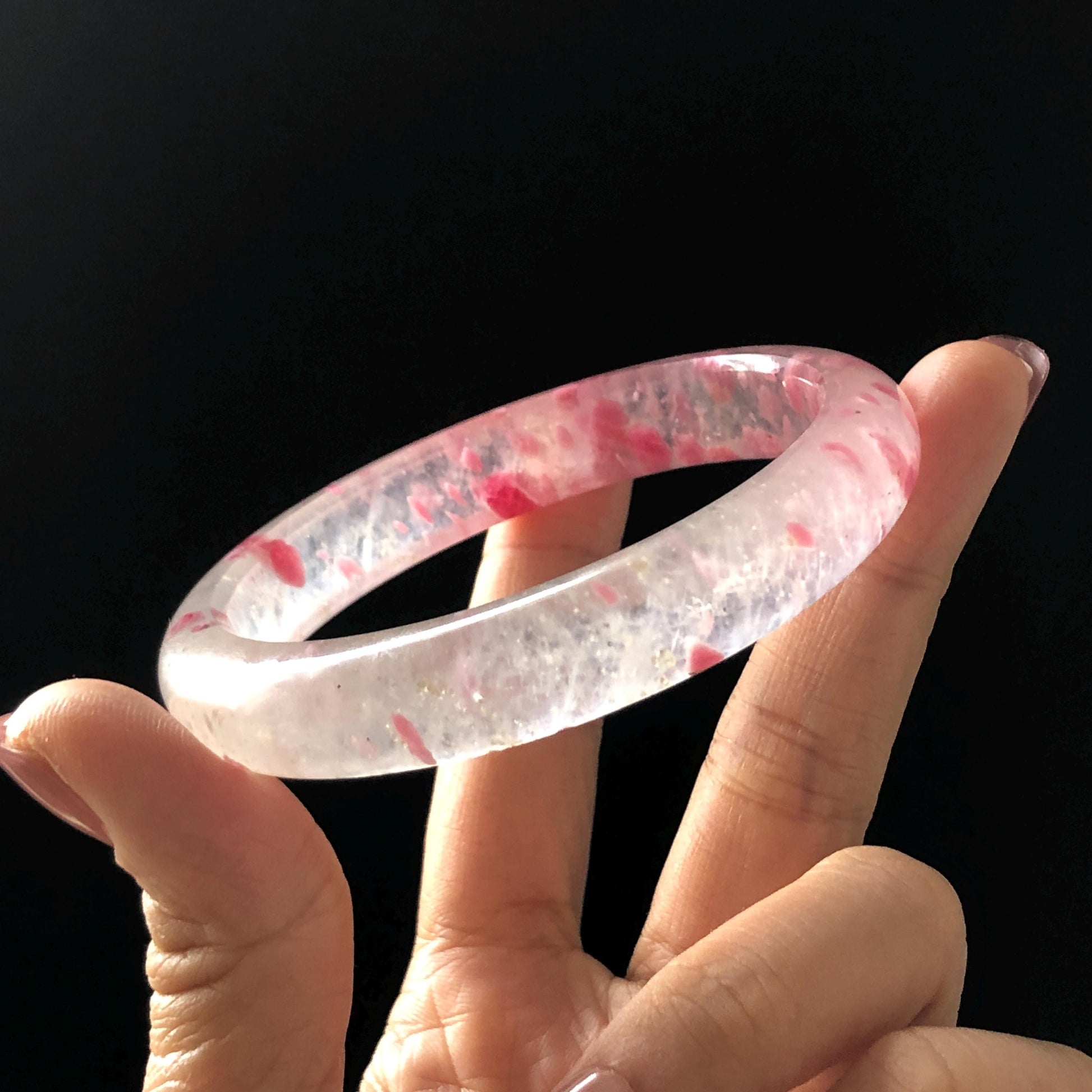 60.4mm Premium Ultra-rare Natural Icy Rhodonite Crystal Stone Gemstone Bangle | Blossom Flowers | Sakura Rain | Plum Blossom | Cherry Blossom icy natural crystal bracelet gemstone bangle pink stone bangle love stone healing stone heart chakra healing crystal mediative stone pink gemstone gift for her mother day gift