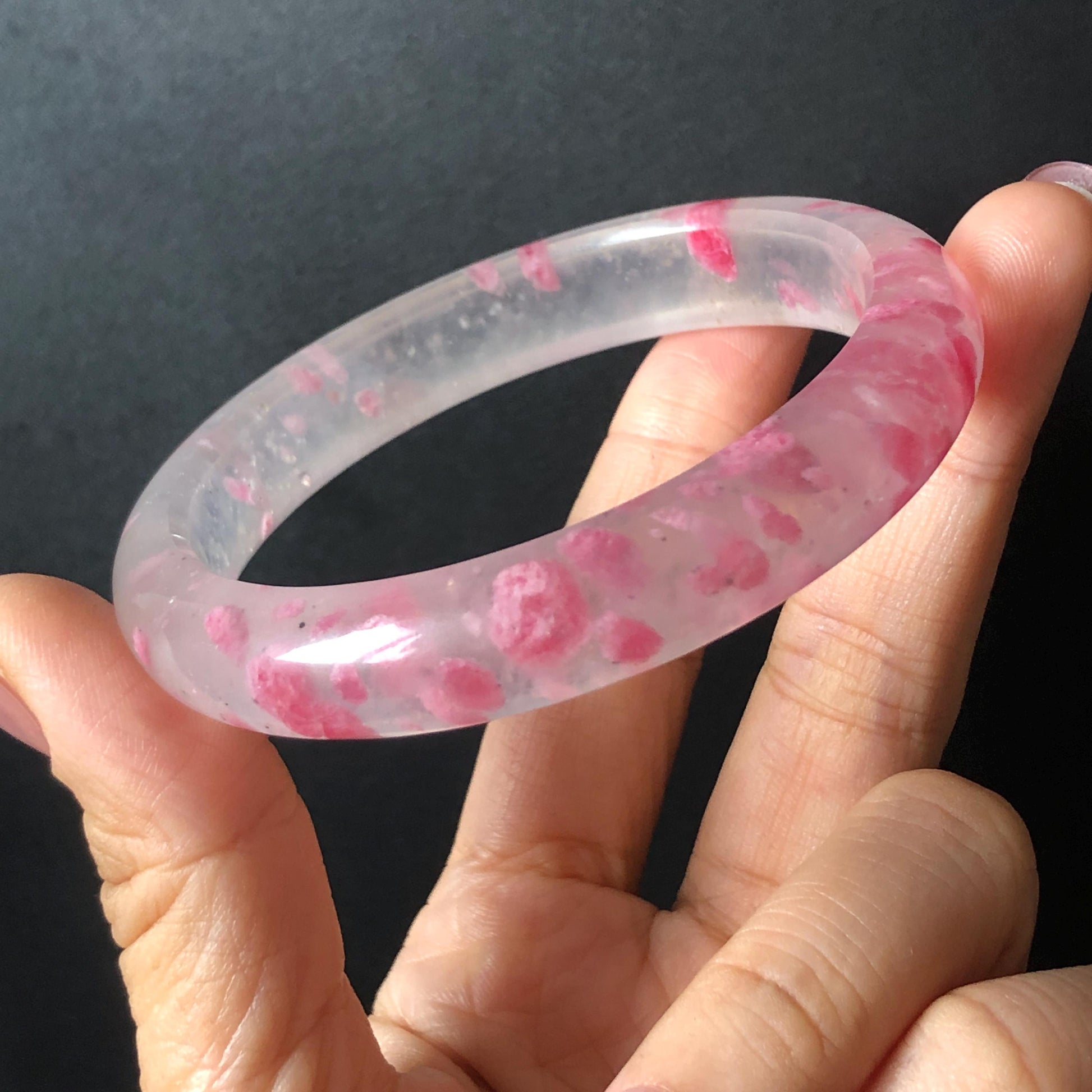 60.4mm Premium Ultra-rare Natural Icy Rhodonite Crystal Stone Gemstone Bangle | Blossom Flowers | Sakura Rain | Plum Blossom | Cherry Blossom icy natural crystal bracelet gemstone bangle pink stone bangle love stone healing stone heart chakra healing crystal mediative stone pink gemstone gift for her mother day gift