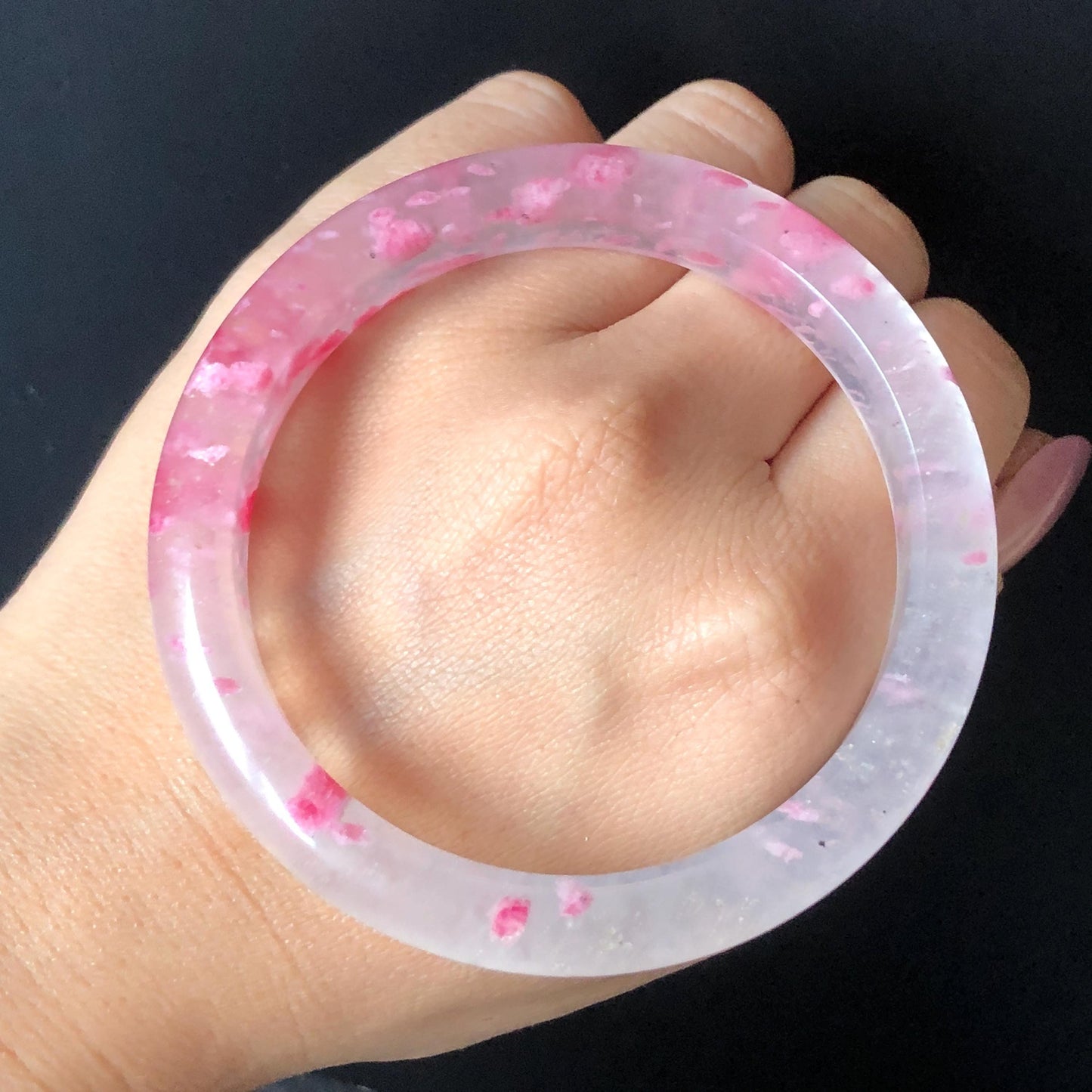 60.4mm Premium Ultra-rare Natural Icy Rhodonite Crystal Stone Gemstone Bangle | Blossom Flowers | Sakura Rain | Plum Blossom | Cherry Blossom icy natural crystal bracelet gemstone bangle pink stone bangle love stone healing stone heart chakra healing crystal mediative stone pink gemstone gift for her mother day gift