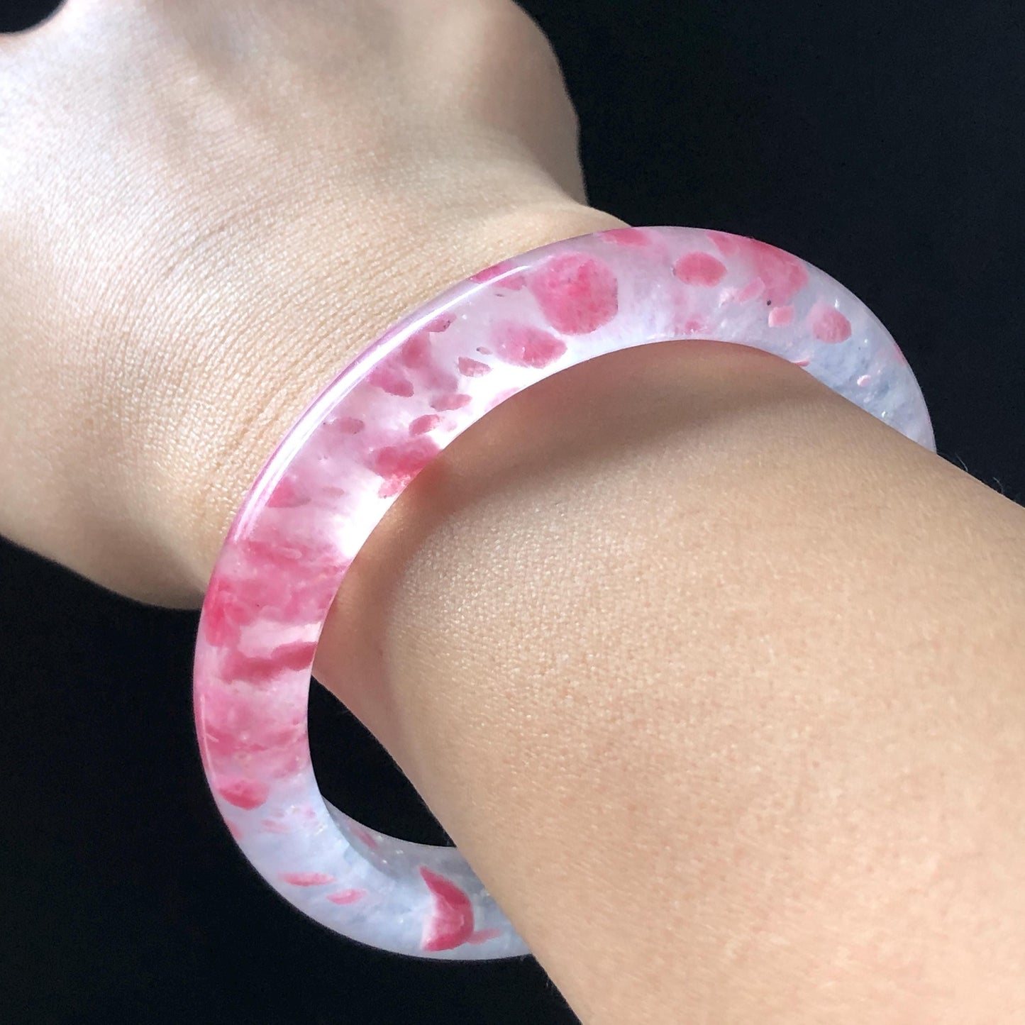 60.4mm Premium Ultra-rare Natural Icy Rhodonite Crystal Gemstone Bangle: Cherry Blossom Flowers, Sakura Rain, Plum Blossom, Healing Stone