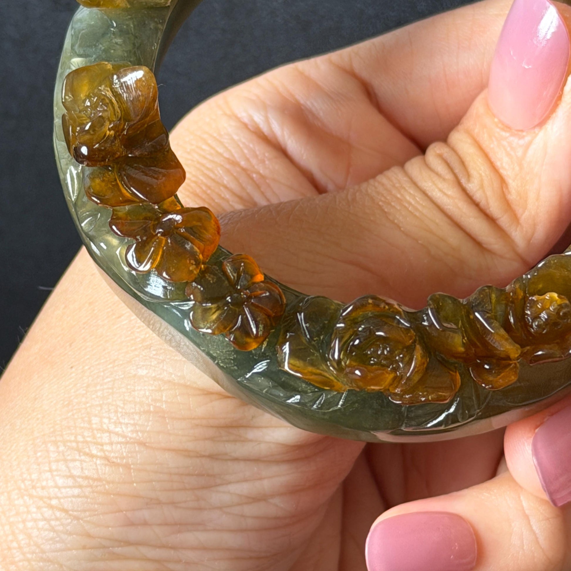 54.2mm Xiu Jade Serpentine Hand Carved Golden Pheasant & Peony Flowers Bangle: Natural Brown Yellow Green Multi Colour Jade Handcrafted Bracelet, Stone Carving Gemstone Jewelry gift for her wide jade bangle jade carving hand engraved stone carving natural untreated jade bracelet green jade yellow jade brown jade multi colour jade handcrafted jade flower carving floral bracelet chinese jade vintage bangle antique bracelet peony carving antique bracelet 3D stone carving