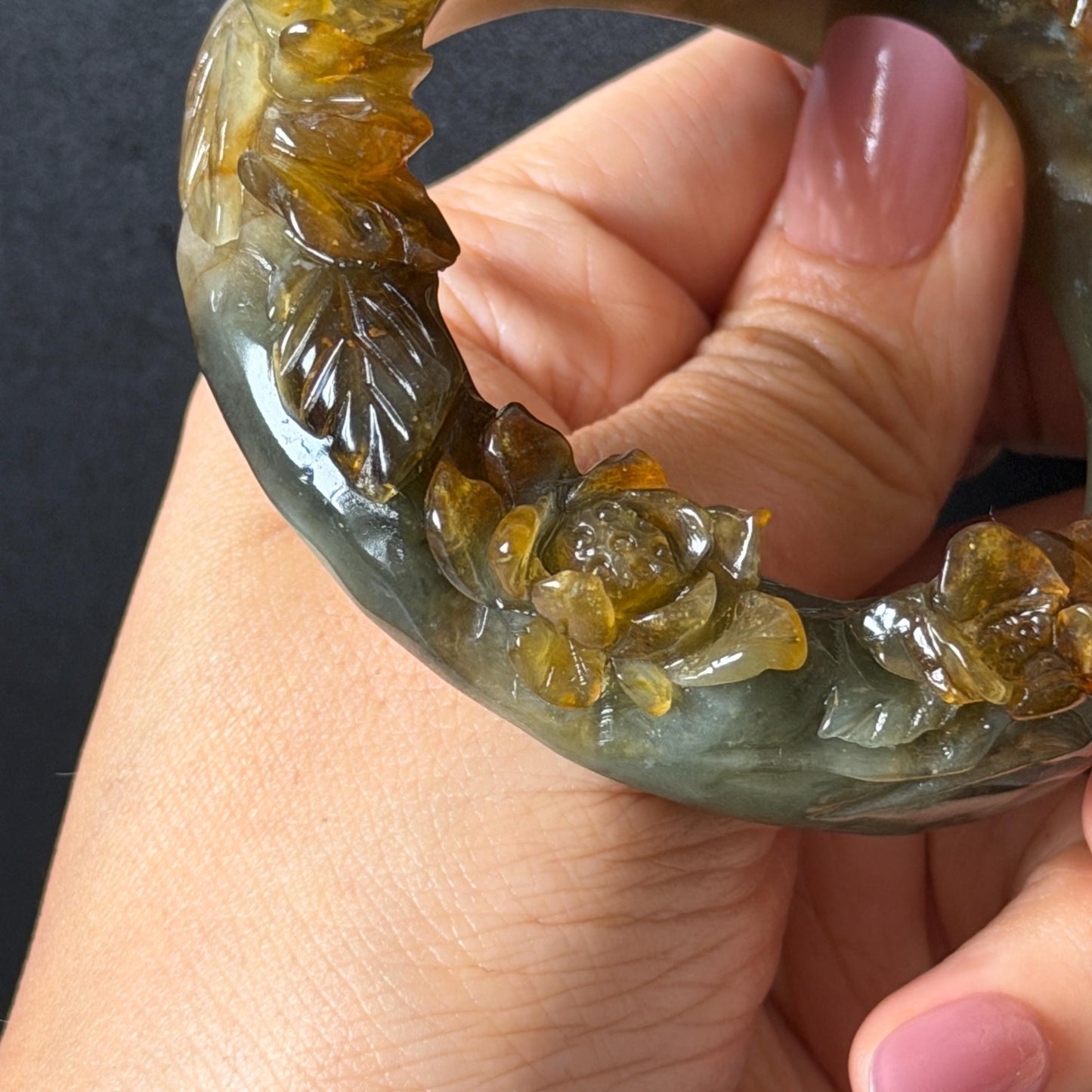 54.2mm Xiu Jade Serpentine Hand Carved Golden Pheasant & Peony Flowers Bangle: Natural Brown Yellow Green Multi Colour Jade Handcrafted Bracelet, Stone Carving Gemstone Jewelry gift for her wide jade bangle jade carving hand engraved stone carving natural untreated jade bracelet green jade yellow jade brown jade multi colour jade handcrafted jade flower carving floral bracelet chinese jade vintage bangle antique bracelet peony carving antique bracelet 3D stone carving