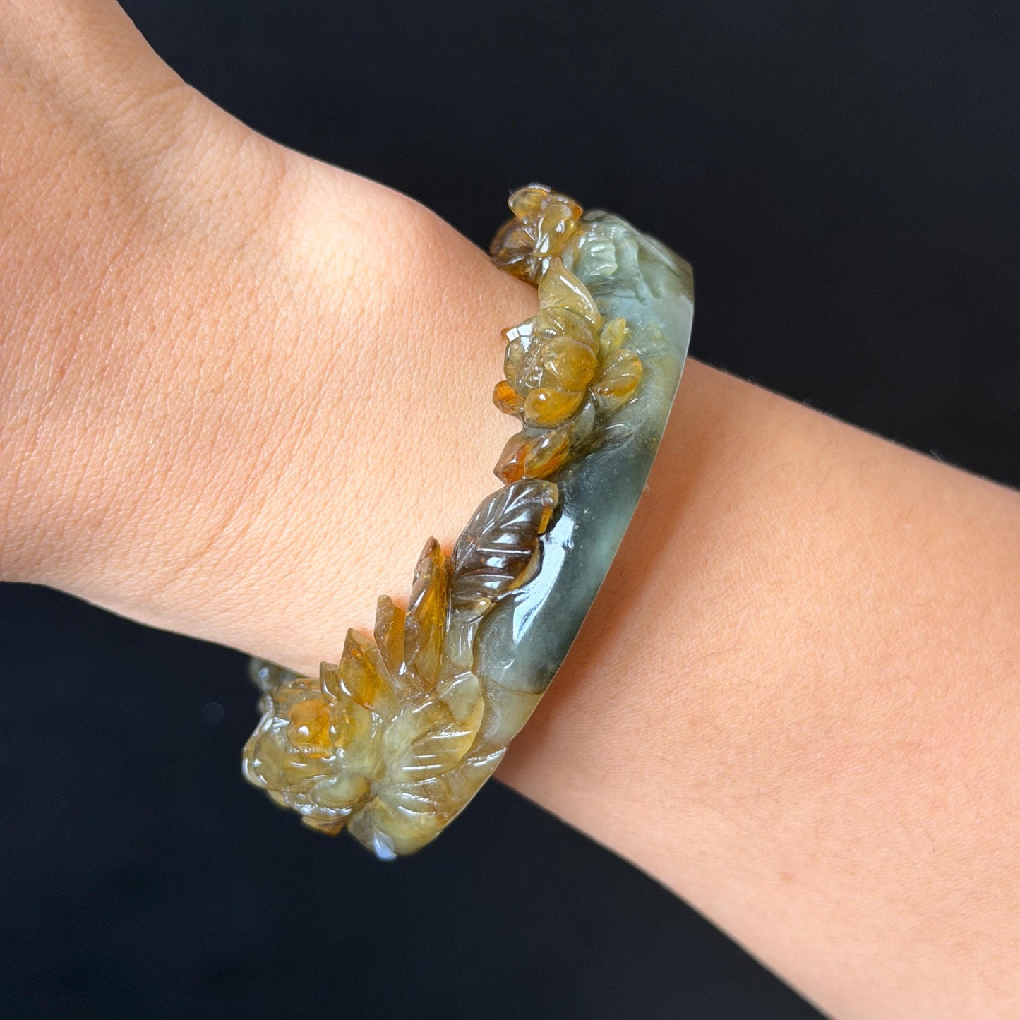 54.2mm Xiu Jade Serpentine Hand Carved Golden Pheasant & Peony Flowers Bangle: Natural Brown Yellow Green Multi Colour Jade Handcrafted Bracelet, Stone Carving Gemstone Jewelry gift for her wide jade bangle jade carving hand engraved stone carving natural untreated jade bracelet green jade yellow jade brown jade multi colour jade handcrafted jade flower carving floral bracelet chinese jade vintage bangle antique bracelet peony carving antique bracelet 3D stone carving
