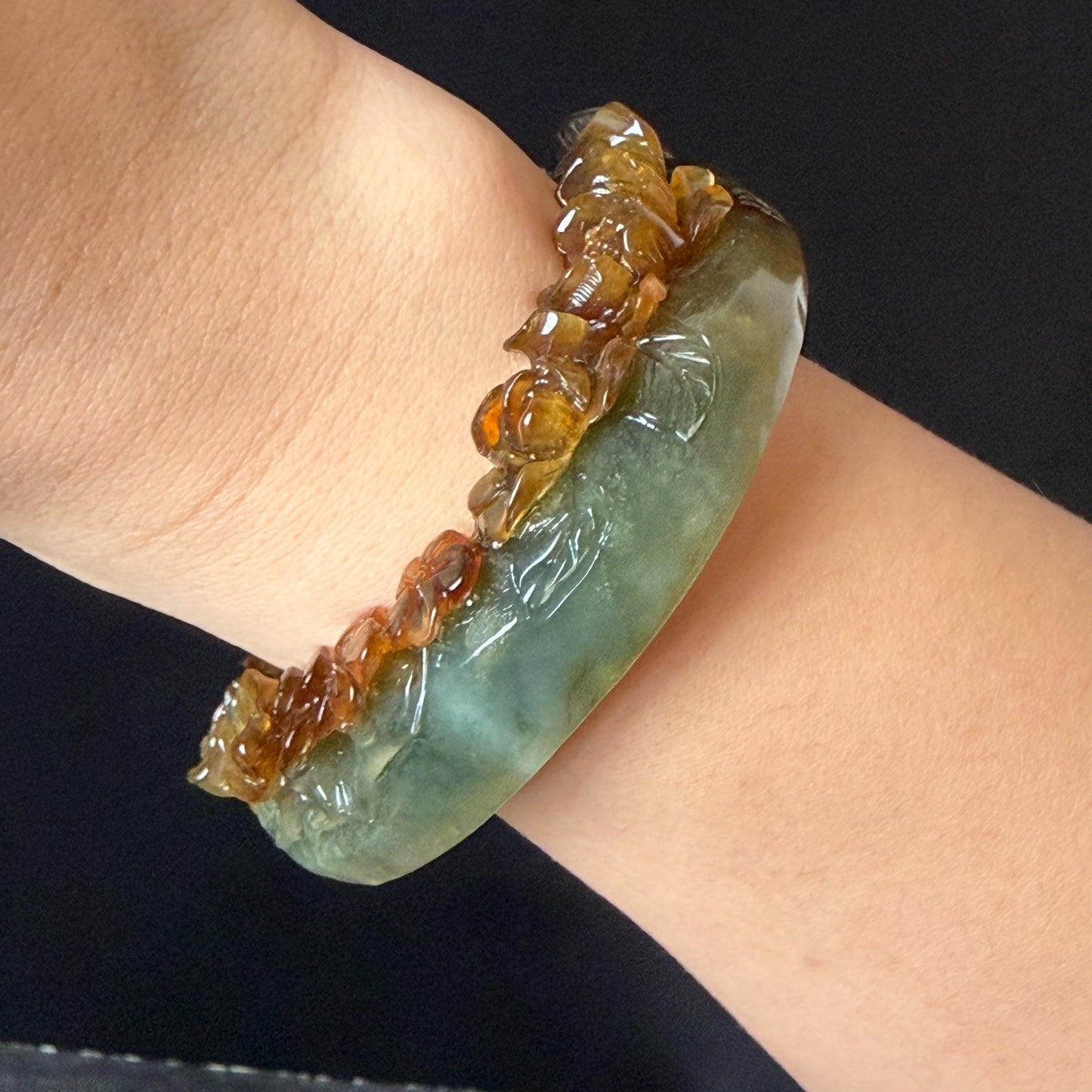 54.2mm Xiu Jade Serpentine Hand Carved Golden Pheasant & Peony Flowers Bangle: Natural Brown Yellow Green Multi Colour Jade Handcrafted Bracelet, Stone Carving Gemstone Jewelry gift for her wide jade bangle jade carving hand engraved stone carving natural untreated jade bracelet green jade yellow jade brown jade multi colour jade handcrafted jade flower carving floral bracelet chinese jade vintage bangle antique bracelet peony carving antique bracelet 3D stone carving