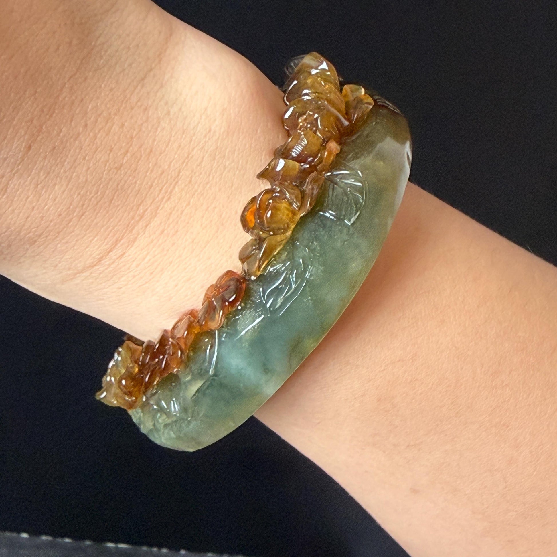 54.2mm Xiu Jade Serpentine Hand Carved Golden Pheasant & Peony Flowers Bangle: Natural Brown Yellow Green Multi Colour Jade Handcrafted Bracelet, Stone Carving Gemstone Jewelry gift for her wide jade bangle jade carving hand engraved stone carving natural untreated jade bracelet green jade yellow jade brown jade multi colour jade handcrafted jade flower carving floral bracelet chinese jade vintage bangle antique bracelet peony carving antique bracelet 3D stone carving