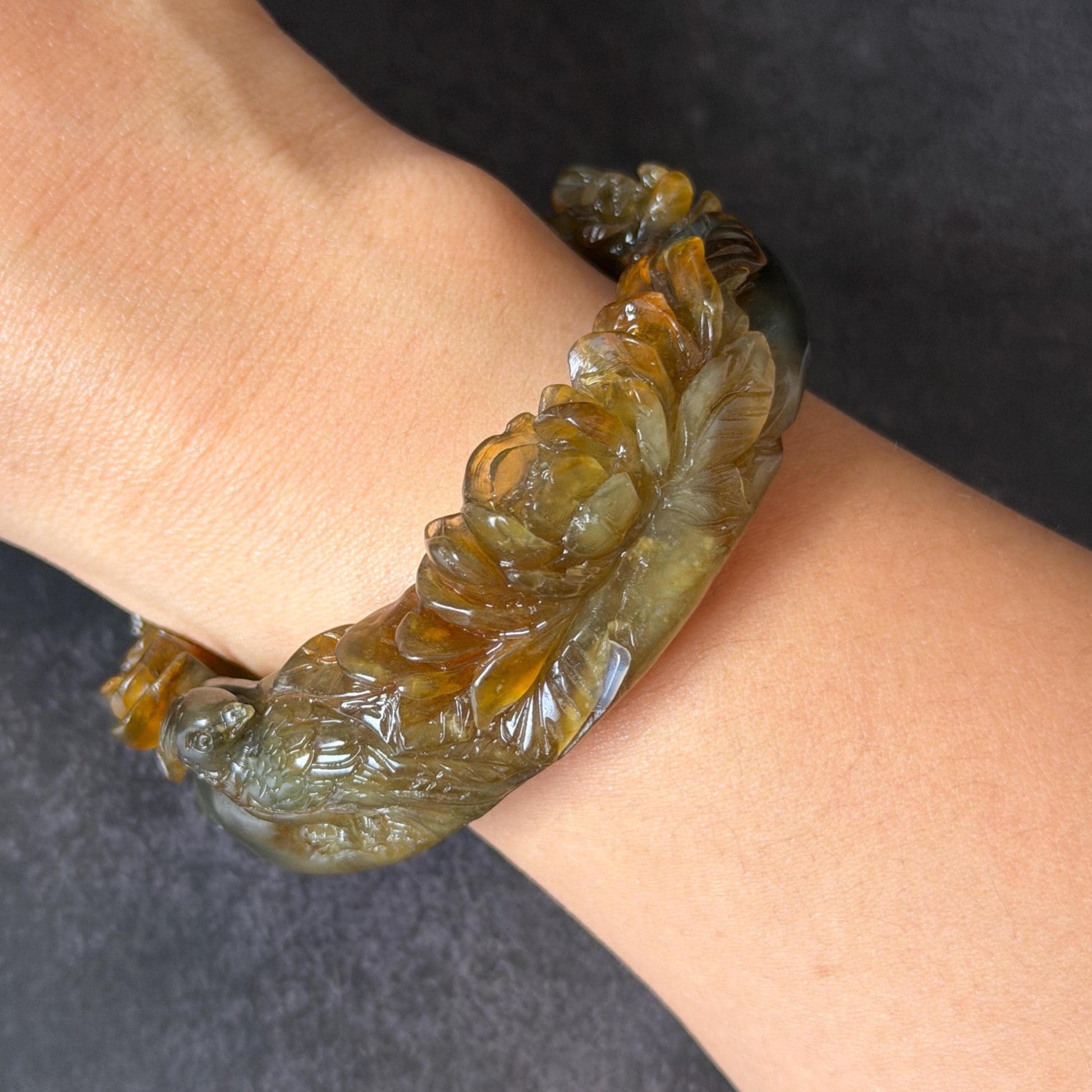 54.2mm Xiu Jade Serpentine Hand Carved Golden Pheasant & Peony Flowers Bangle: Natural Brown Yellow Green Multi Colour Jade Handcrafted Bracelet, Stone Carving Gemstone Jewelry gift for her wide jade bangle jade carving hand engraved stone carving natural untreated jade bracelet green jade yellow jade brown jade multi colour jade handcrafted jade flower carving floral bracelet chinese jade vintage bangle antique bracelet peony carving antique bracelet 3D stone carving