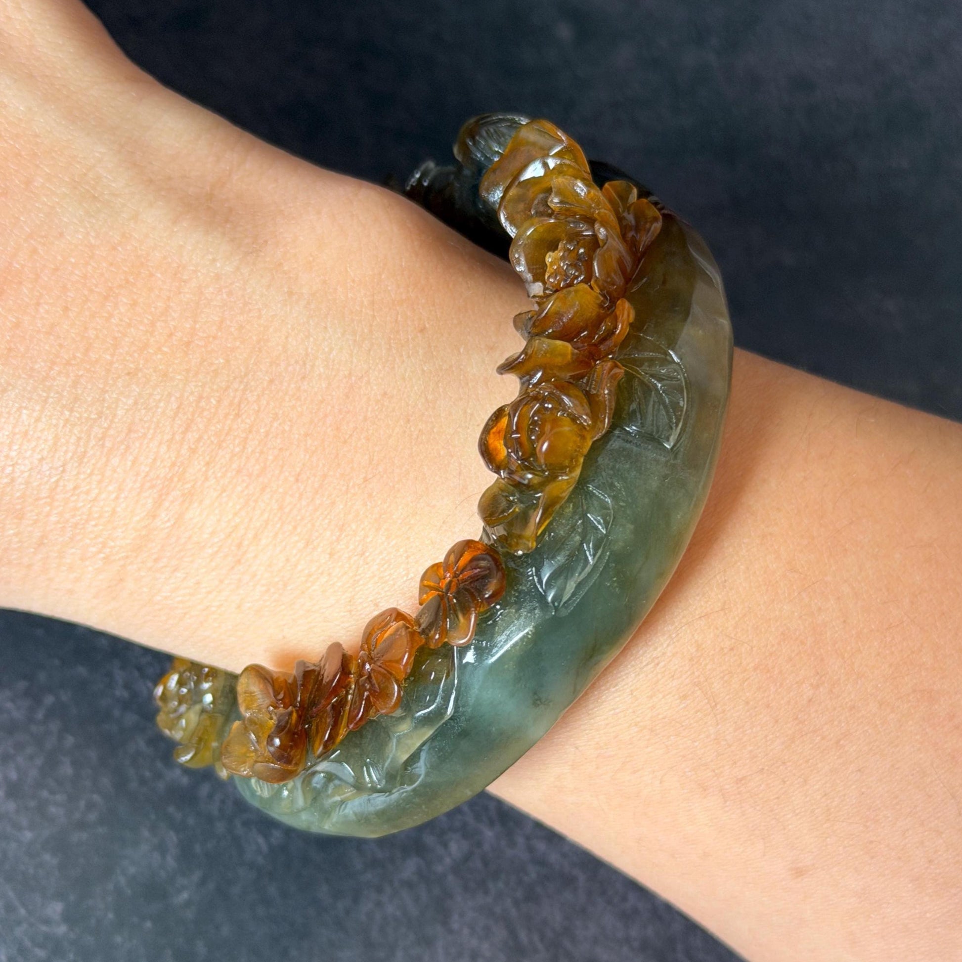 54.2mm Xiu Jade Serpentine Hand Carved Golden Pheasant & Peony Flowers Bangle: Natural Brown Yellow Green Multi Colour Jade Handcrafted Bracelet, Stone Carving Gemstone Jewelry gift for her wide jade bangle jade carving hand engraved stone carving natural untreated jade bracelet green jade yellow jade brown jade multi colour jade handcrafted jade flower carving floral bracelet chinese jade vintage bangle antique bracelet peony carving antique bracelet 3D stone carving