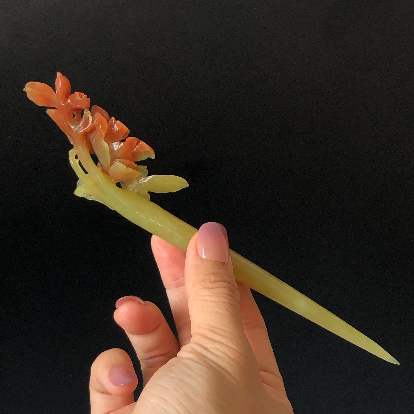 Xiu Jade Serpentine Hand Carved Camellia Flower Hair Stick: Certified Natural Red Jade Hairpin, Vintage Hanfu Hair Jewelry Gift for her Bridal Shower gift bridal hair clip wedding headpiece wedding hair jewelry bridal hair accessories red jade carving yellow jade hand engraved flower handcrafted hair stick japanese hairpins korean hair stick chinese hair comb vintage hair pins antique hair fork hanfu hair pins certified untreated jade multicolor jade bicolor jade flower carving Camellia carving